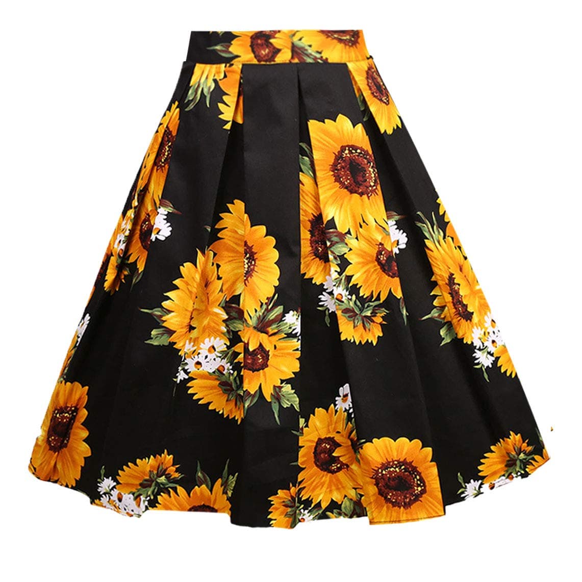 Women's Pleated Vintage Skirt Floral Print A-line Midi Skirts with Pockets