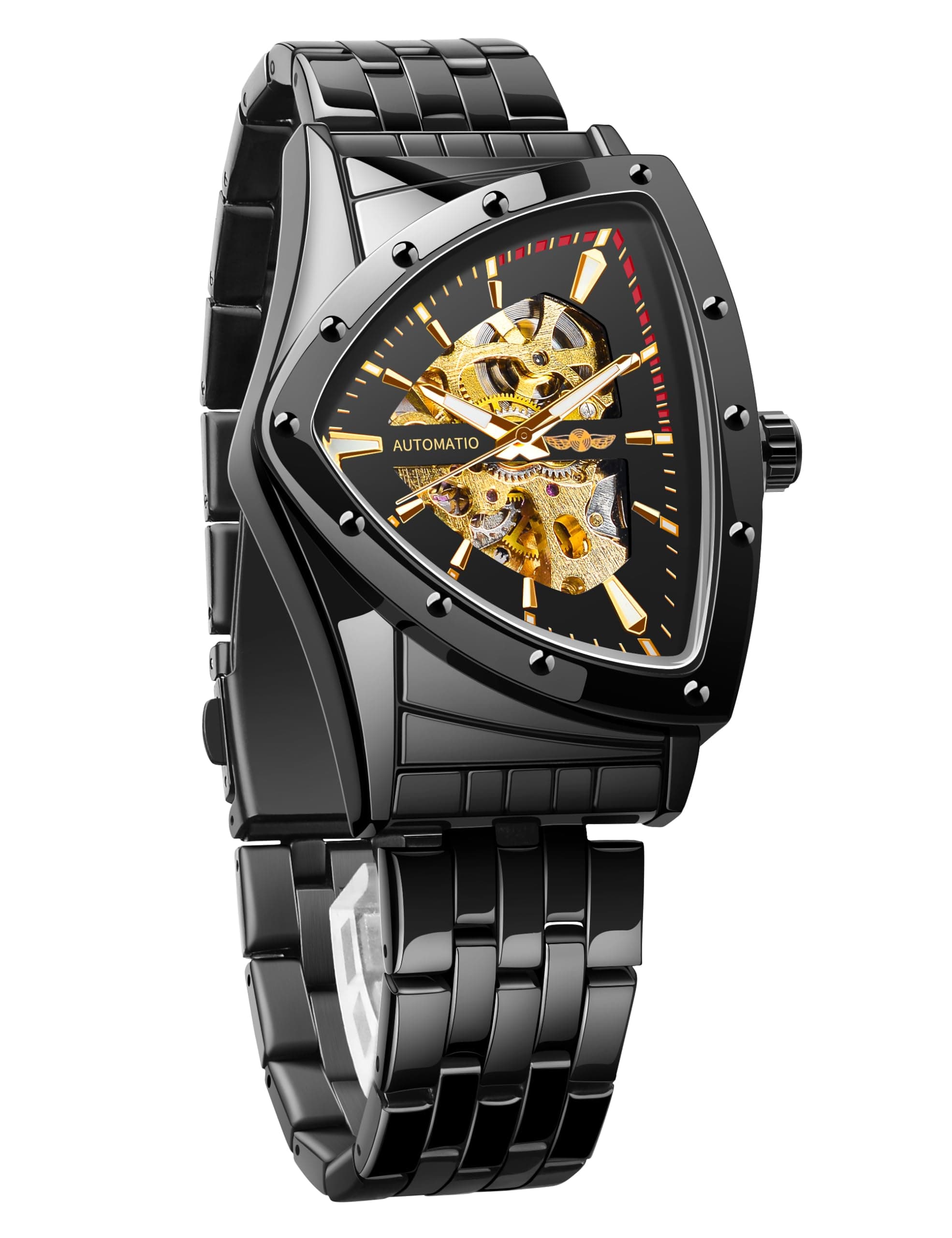 Skeleton Watches for Men, Automatic Mechanical Watch with Triangle Dial, Luminous Self Winding Watches Stainless Steel Bracelet or Soft Silicone Strap