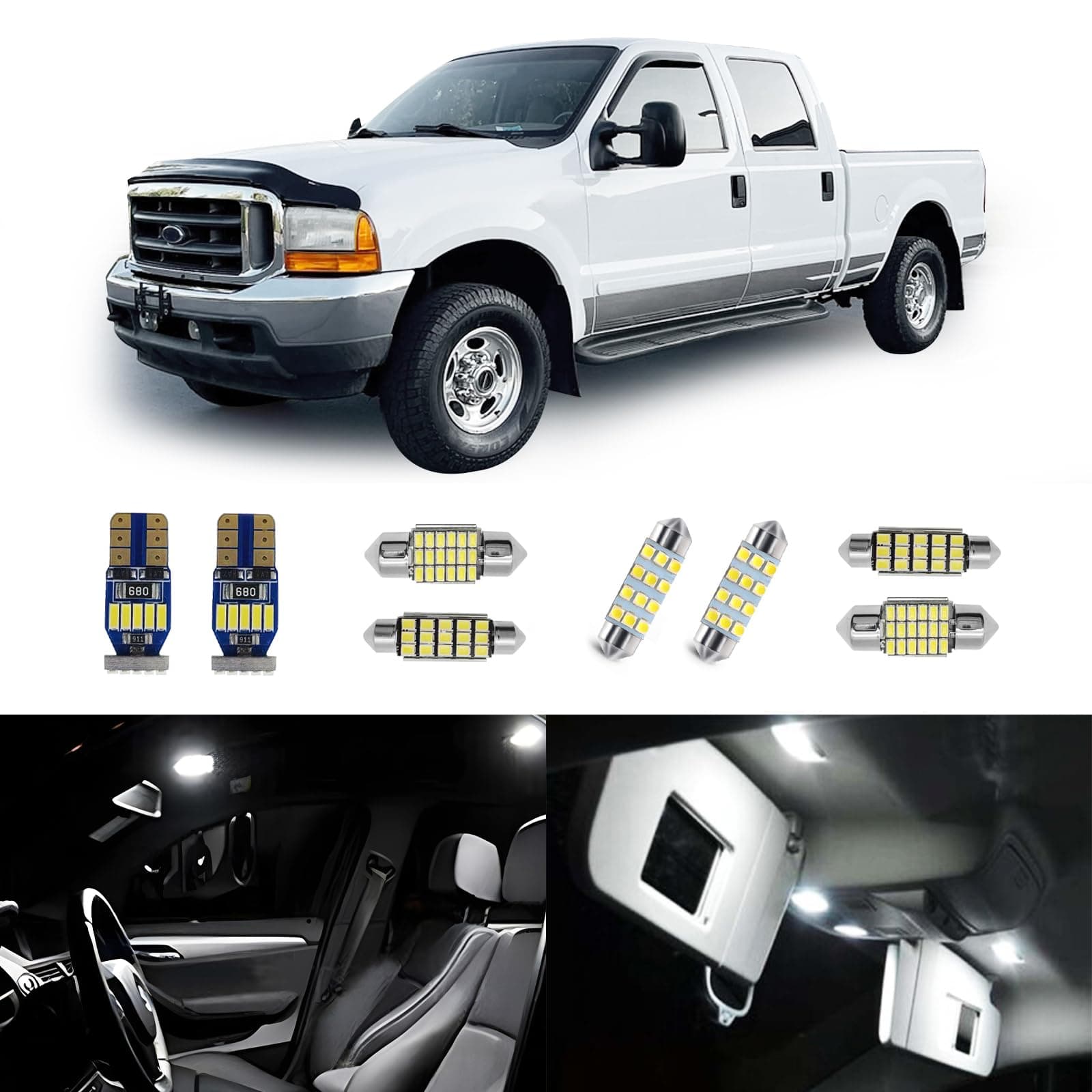 14 pcs F250 F350 White Interior LED Lights Replacement Bulbs for 1999-2016 Ford F-250 F-350 Super Duty 6000K Interior LED Lighting Package, Map Lights+Dome Lights+Cargo Lights+License Plate Lights