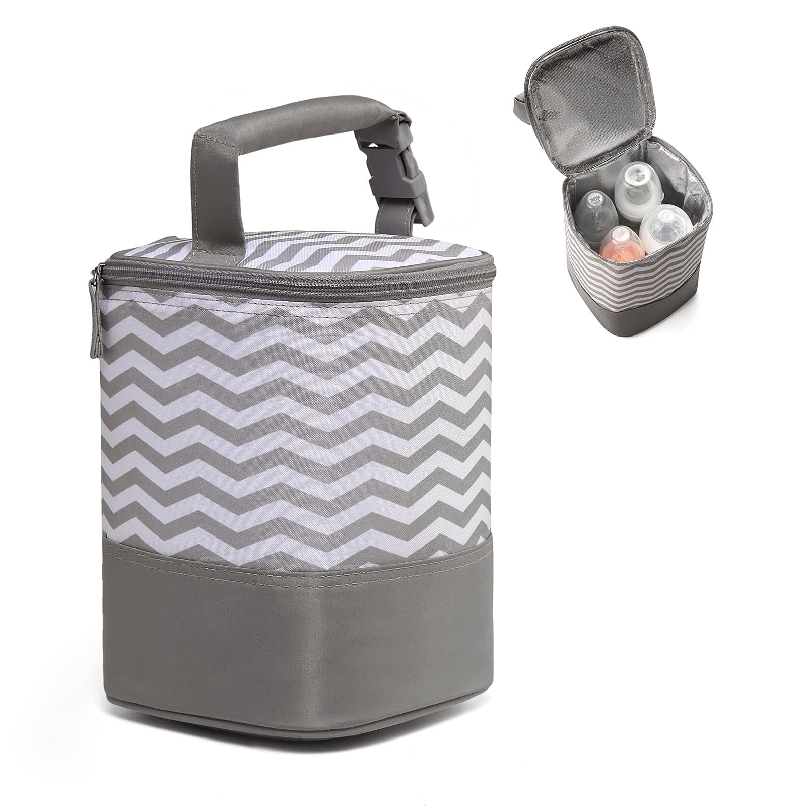 Insulated Baby Bottle Bag for Daycare - MBJERRY Size Upgrade Breastmilk Cooler Bag Baby Bottle Tote Bags, Easily Attaches to Stroller(Gray Wavy Stripes,Fits up to 4 Large 8 Oz. Bottles)