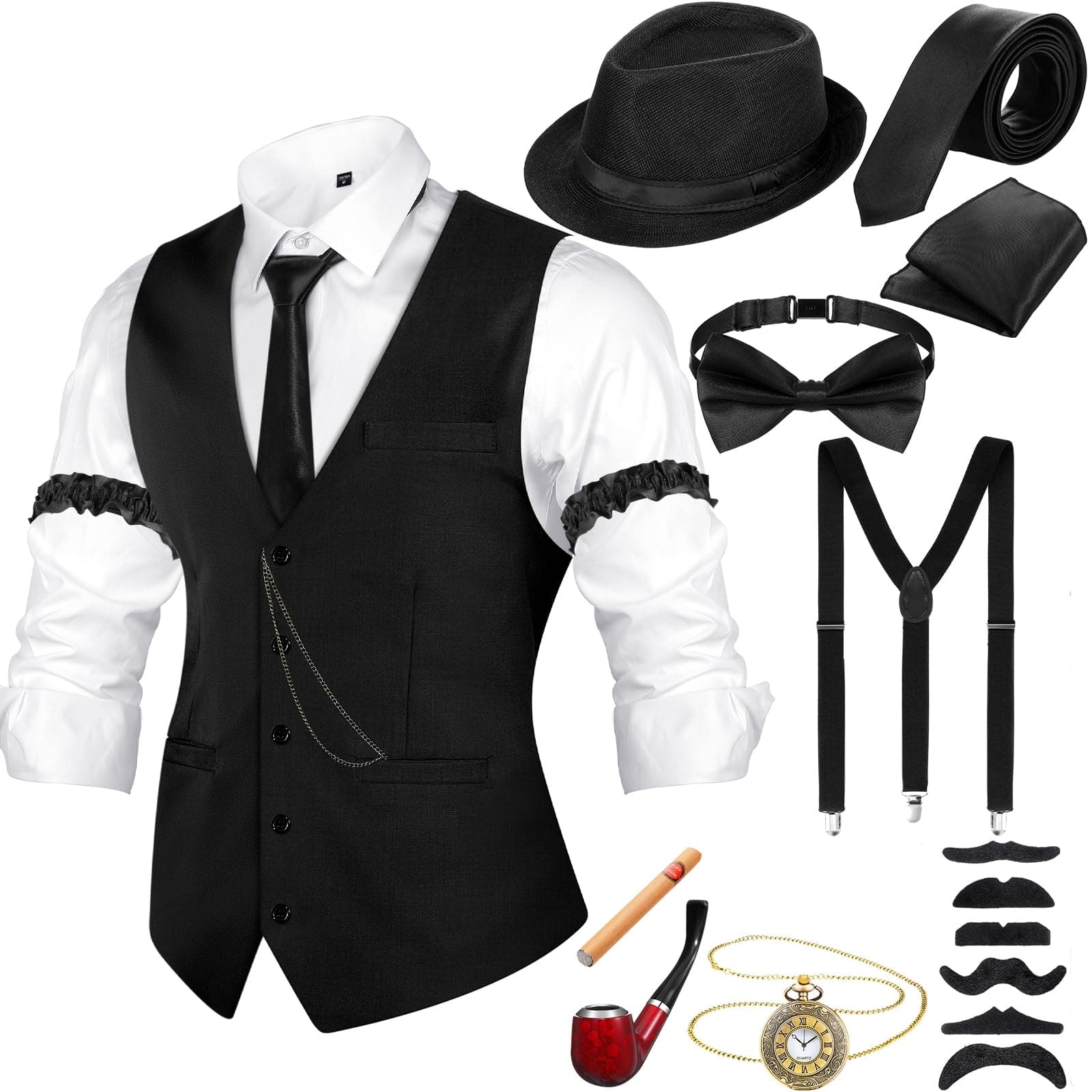 1920s Men Costume Accessories Outfit with Gangster Vest Hat Vintage Pocket Watch Bow Tie Suspenders Accessories