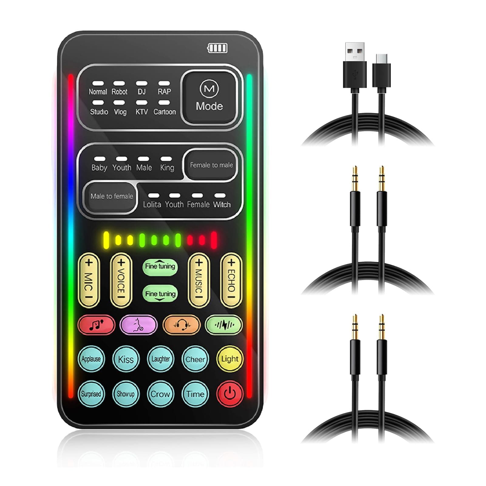 Portable Voice Changer, 8 Voice Changes Live Sound Card, Cool LED Lights Sound Board, Voice Disguiser, Modulator for for for One for PC,Phone,Laptops