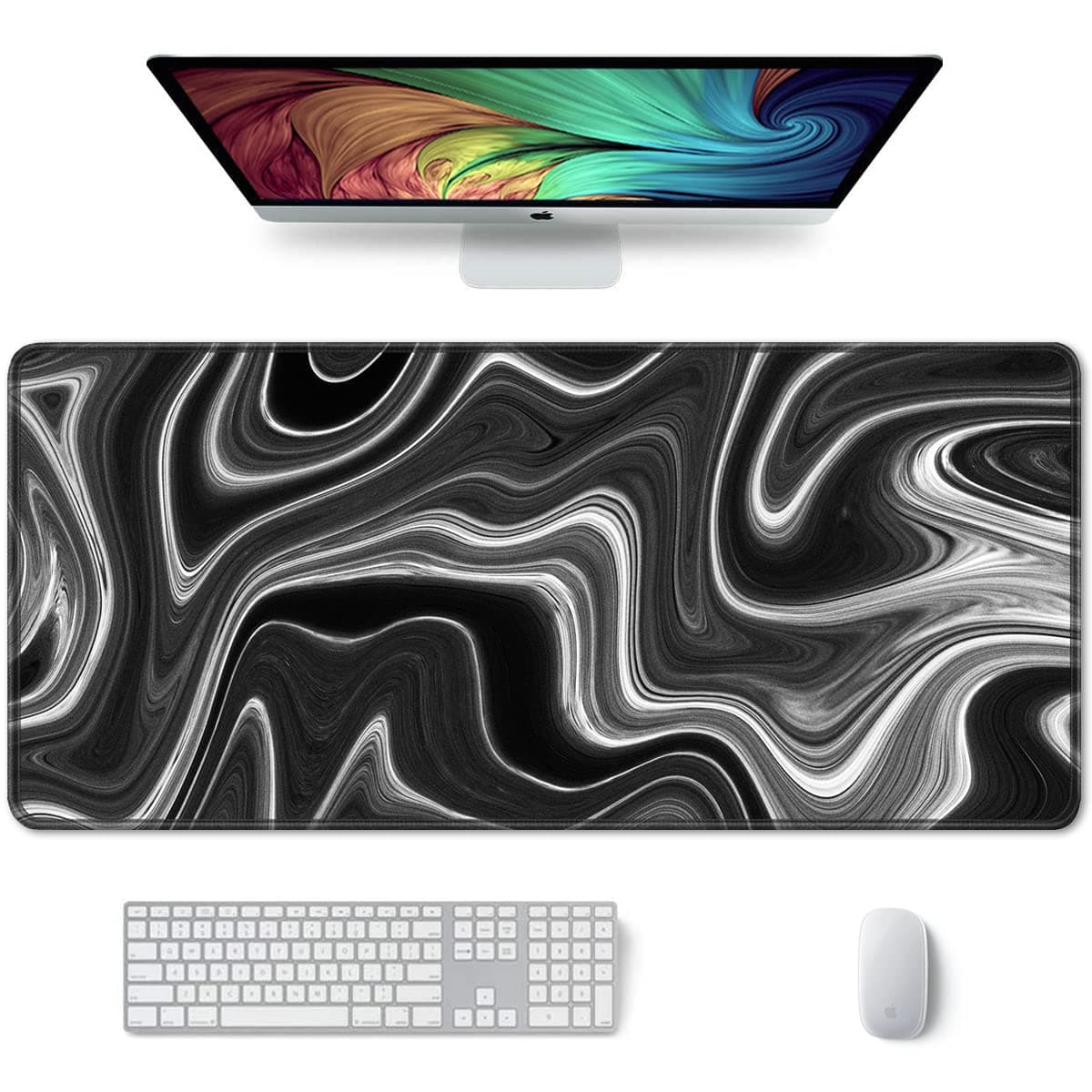 Auhoahsil Large Gaming Mouse Pad, Fluid Art Style XXL 35.4 x 15.7 in Desk Pad Stitched Non-Slip Rubber Long Computer Mousepad Thin Extended Full Size Desk Mat for Desktop Laptop Wireless Mice, Black