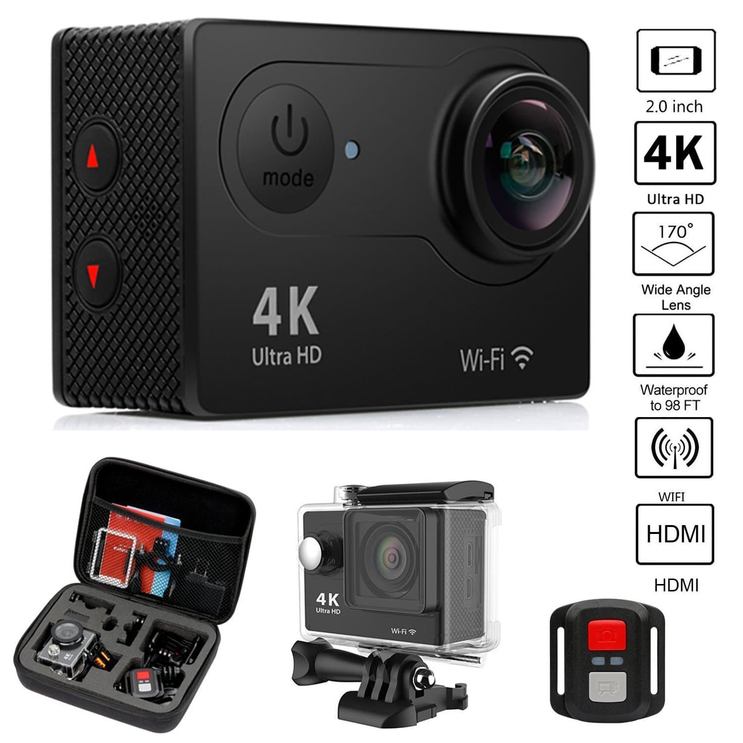 Ogden Action Camera 4K WiFi Ultra HD Waterproof Sport Camera 2 Inch LCD Screen 12MP 170 Degree Wide Angle Rechargeable 1050mAh Batteries Travel Bag Include 19 Accessories Kits