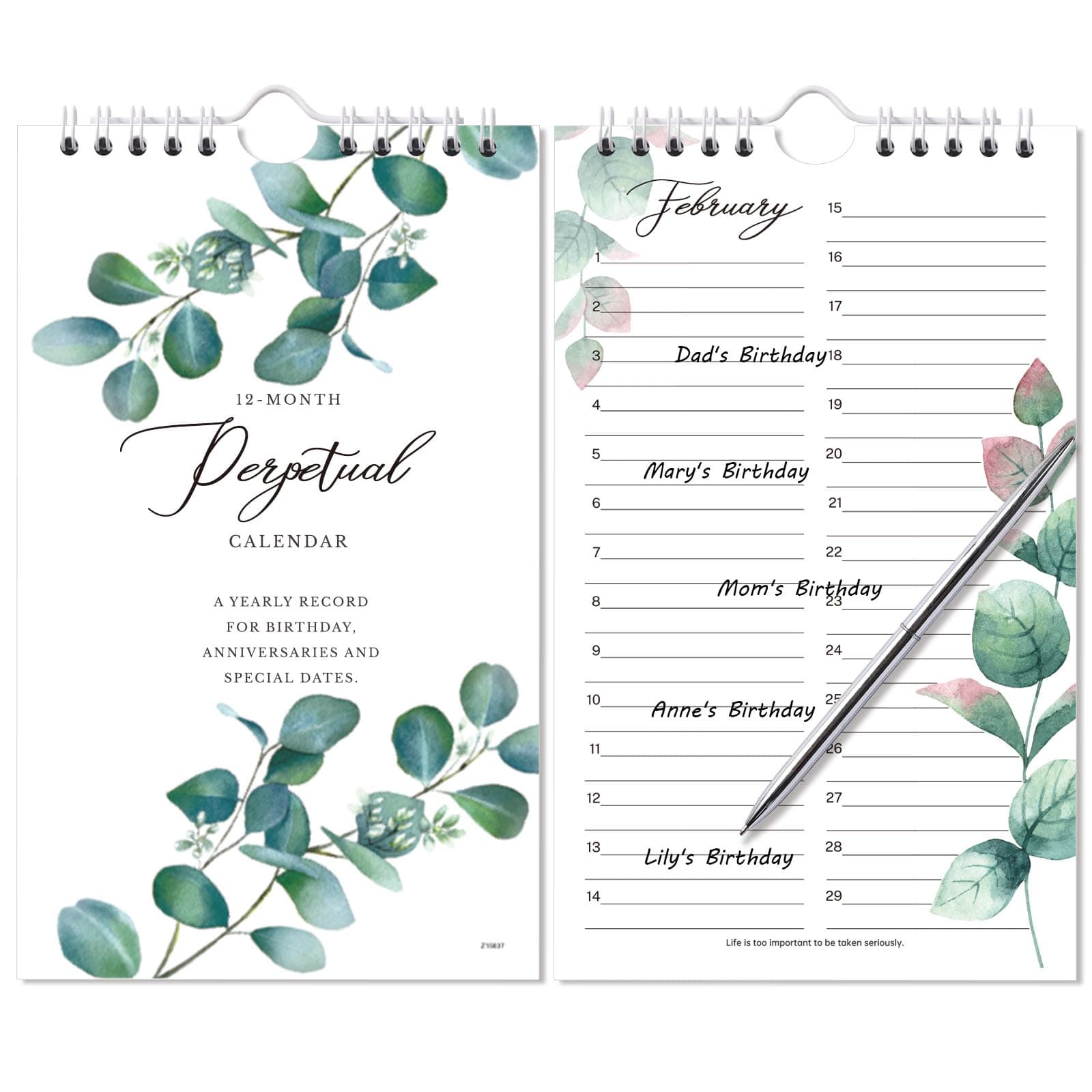 Perpetual Calendar - 12-Month Undated Calendar from Jan. to Dec., 6'' X10'' Perpetual Calendar with 2 Lines Per Days, Reminding Anniversaries, Birthdays, Festivals, Birthday Reminder Book with Thick