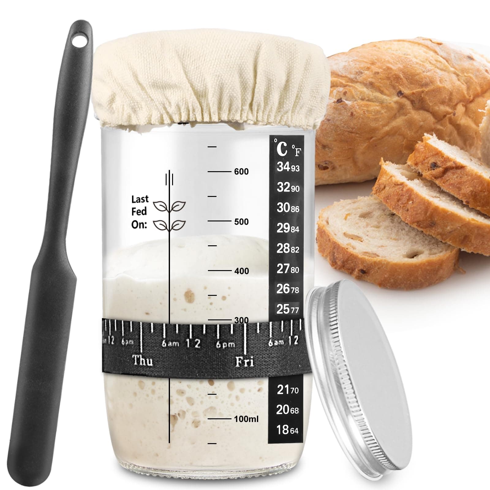 Sourdough Starter Jar 680ml, Glass Sourdough Starter Kit with Date Feeding Band, Thermometer, Cloth Cover & Metal Lid, Reusable Sourdough Bread Baking Supplies, Home Baking Supplies