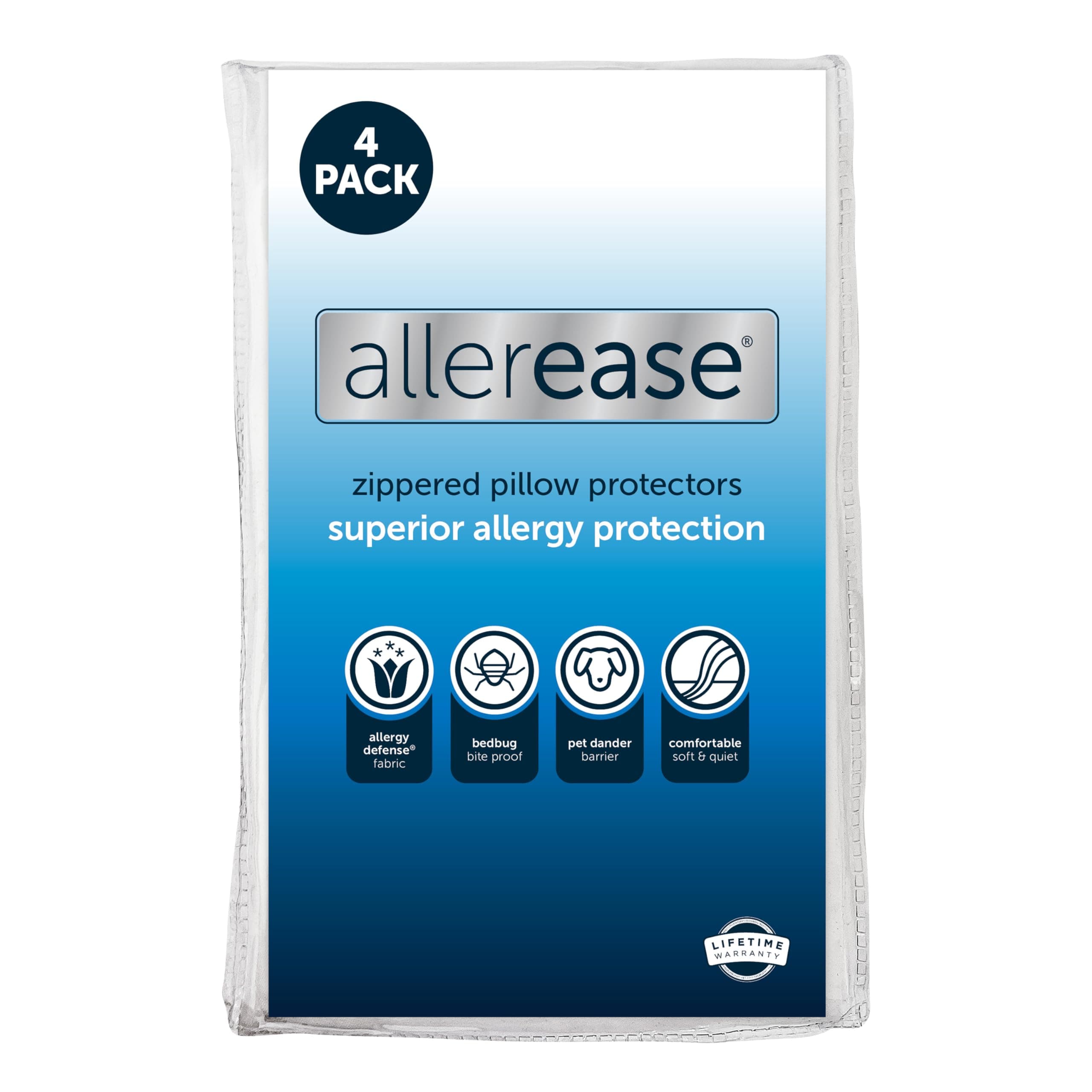 Set of 4 Standard/Queen AllerEase Pillow Protectors - Moisture Wicking, Advanced Allergy Protection - Premium Polyester, Zippered Protectors