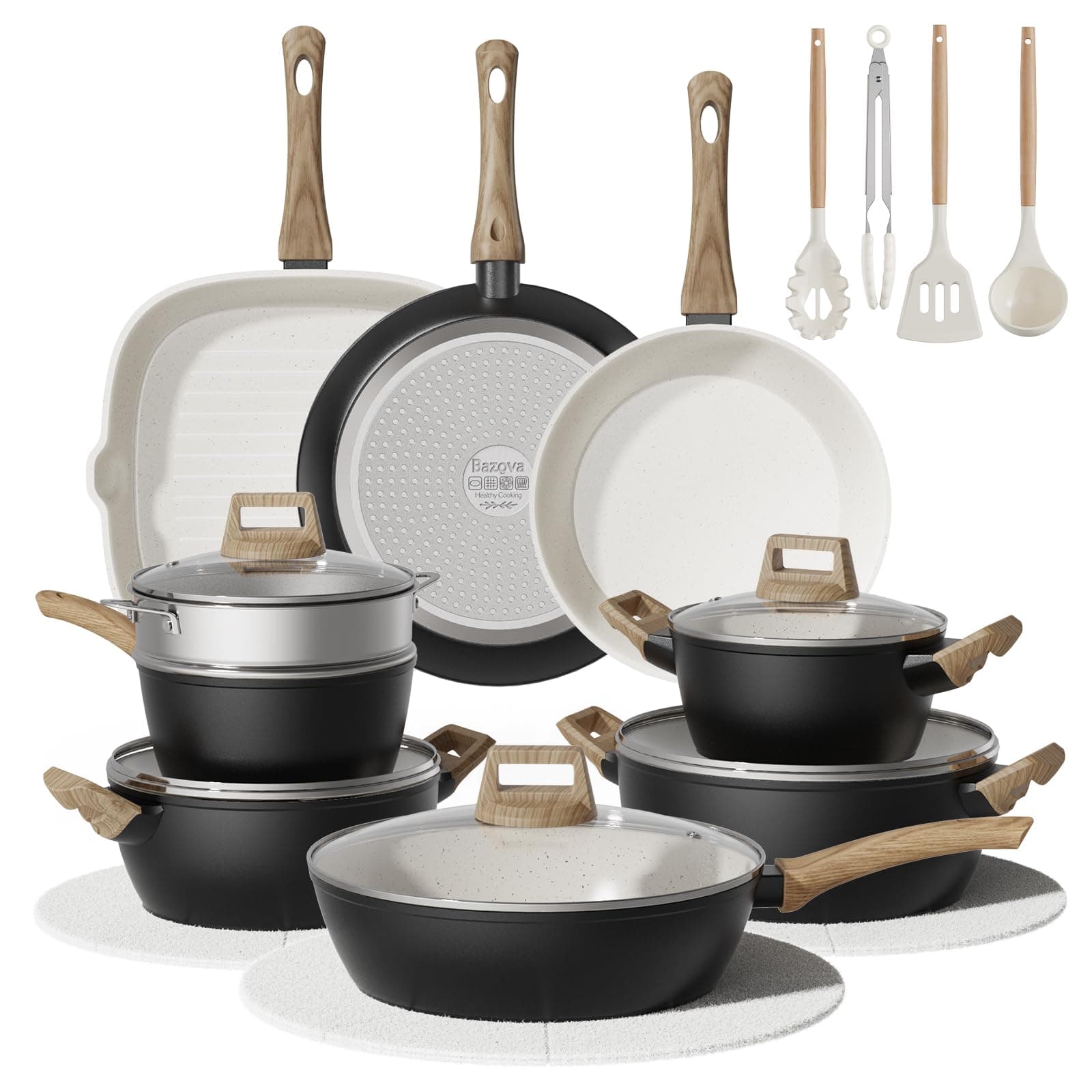 24Pcs Pots and Pans Set Non Stick,Ceramic Cookware Set with Titanium-Reinforced Nonstick Coating,Long-Lasting,PFAS-Free,Induction Compatible,Full Kitchen Set with 3 Stock Pots for Family Cooking,Black