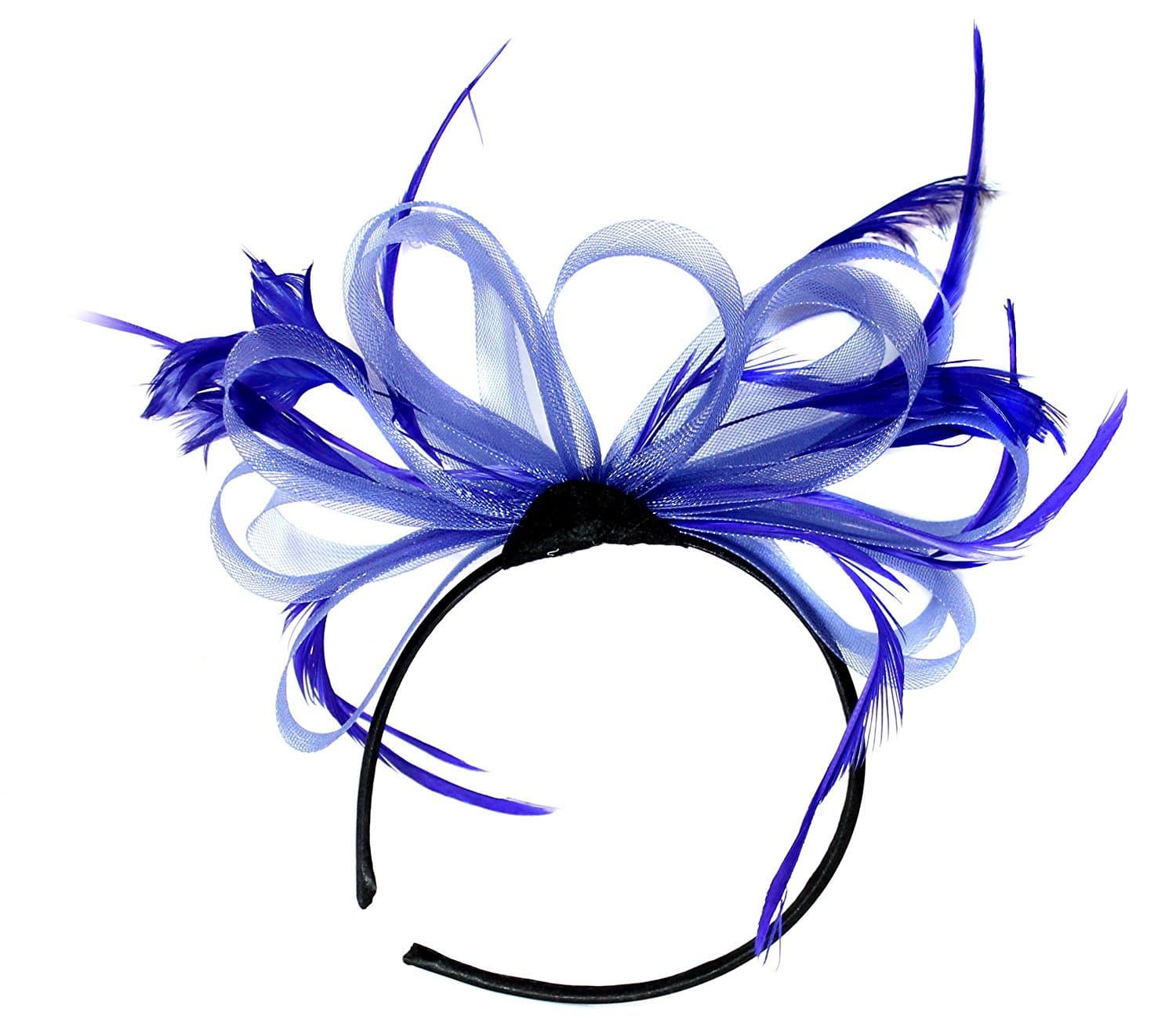 Caprilite Royal Blue Huge Net Hoops Feather Headband Fascinator Wedding Ascot Hair