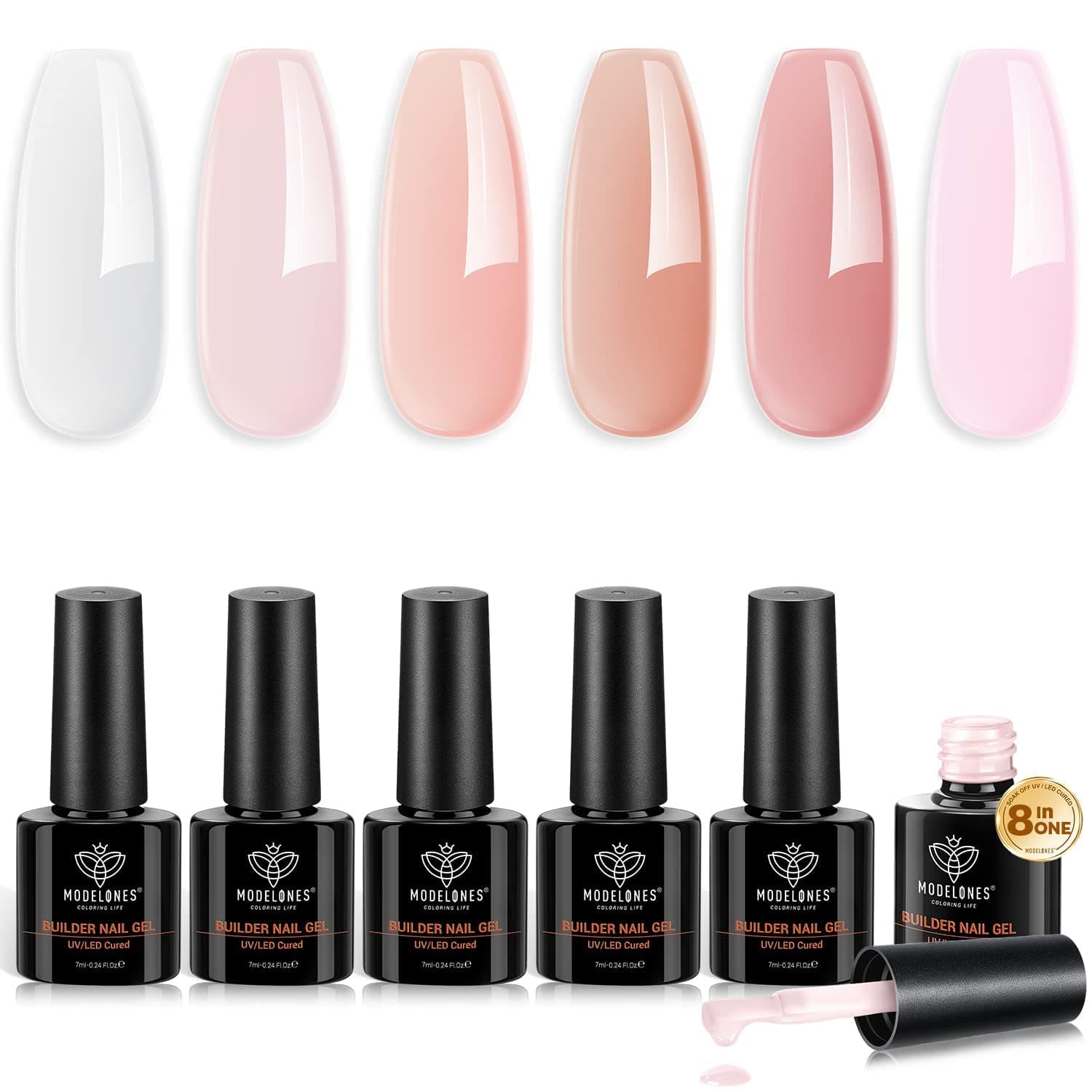 8-in-1 Builder Nail Gel, 6 Colors Pink Builder Gel for Nails, Hard Gel Builder Nail Extension Gel Builder Gel in a Bottle for Nail Starter