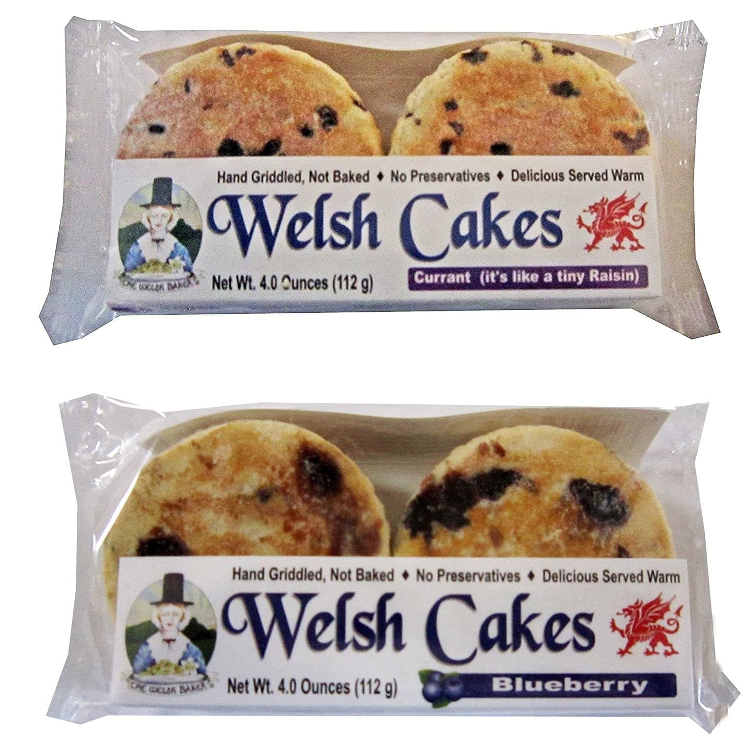 Welsh Cakes by Welsh Baker - 2 Flavor Variety Box - 8 Cakes in All - 4 cakes per Package - Currant and Blueberry