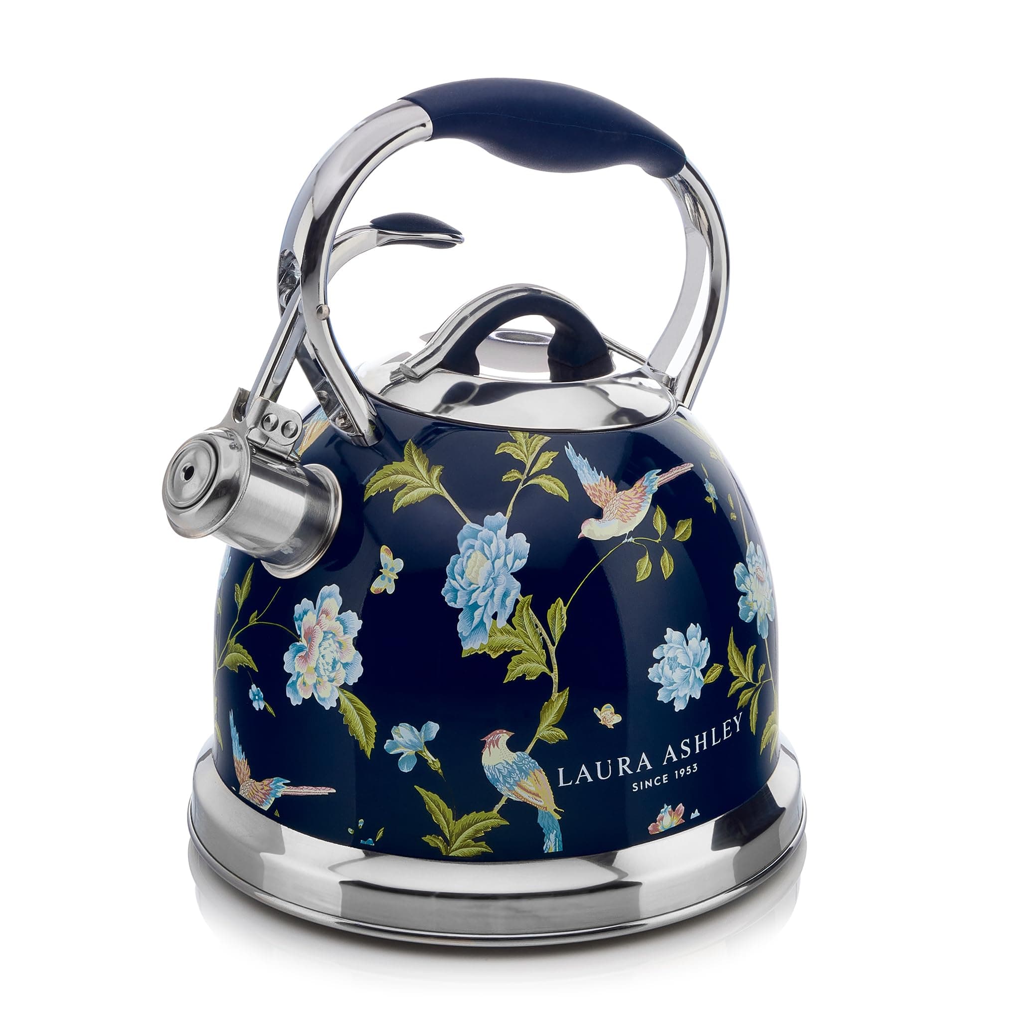 Laura Ashley Elveden Navy Stainless Steel 2.5L Stove Top Kettle. Fast Boil Whistling Kettle for Gas Hob, Induction Hob. Silicon Coated Cool Handle Gas Stove Camping Kettle. Compatible with Aga Stove