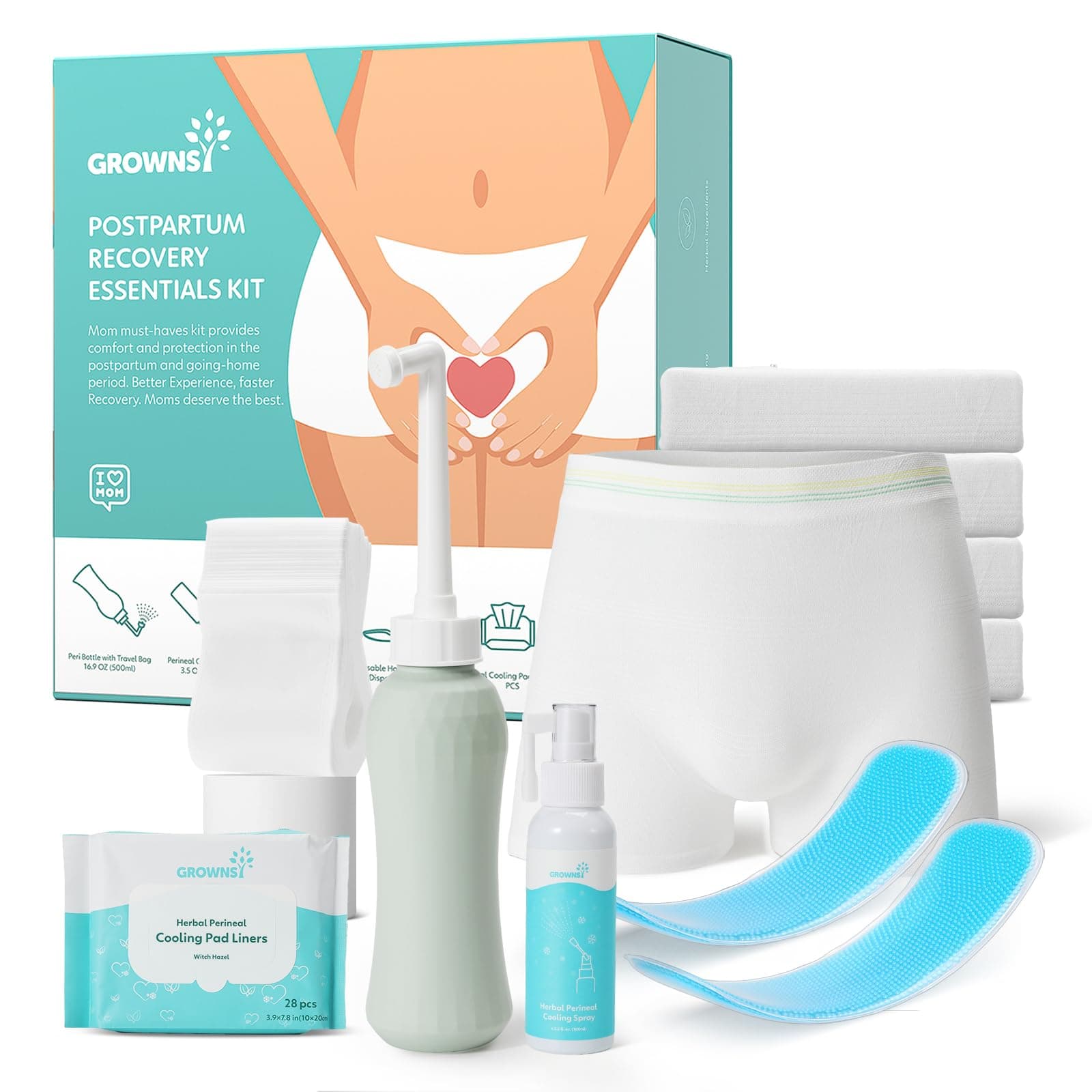 Postpartum Essentials Recovery Kit for Labor & Delivery | Postpartum Kit for Women | Includes Upside Down Peri Bottle, Perineal Spray, Cooling Pad Liners, Ice Packs & Disposable Underwear