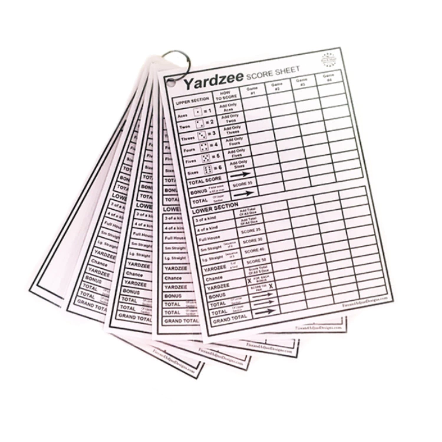 Yardzee and Yarkle 5" x 7" Yard Dice Dry Erase Score Cards - pack of 5, includes 4 Yardzee and 1 Yarkle Scorecards with Rules on back