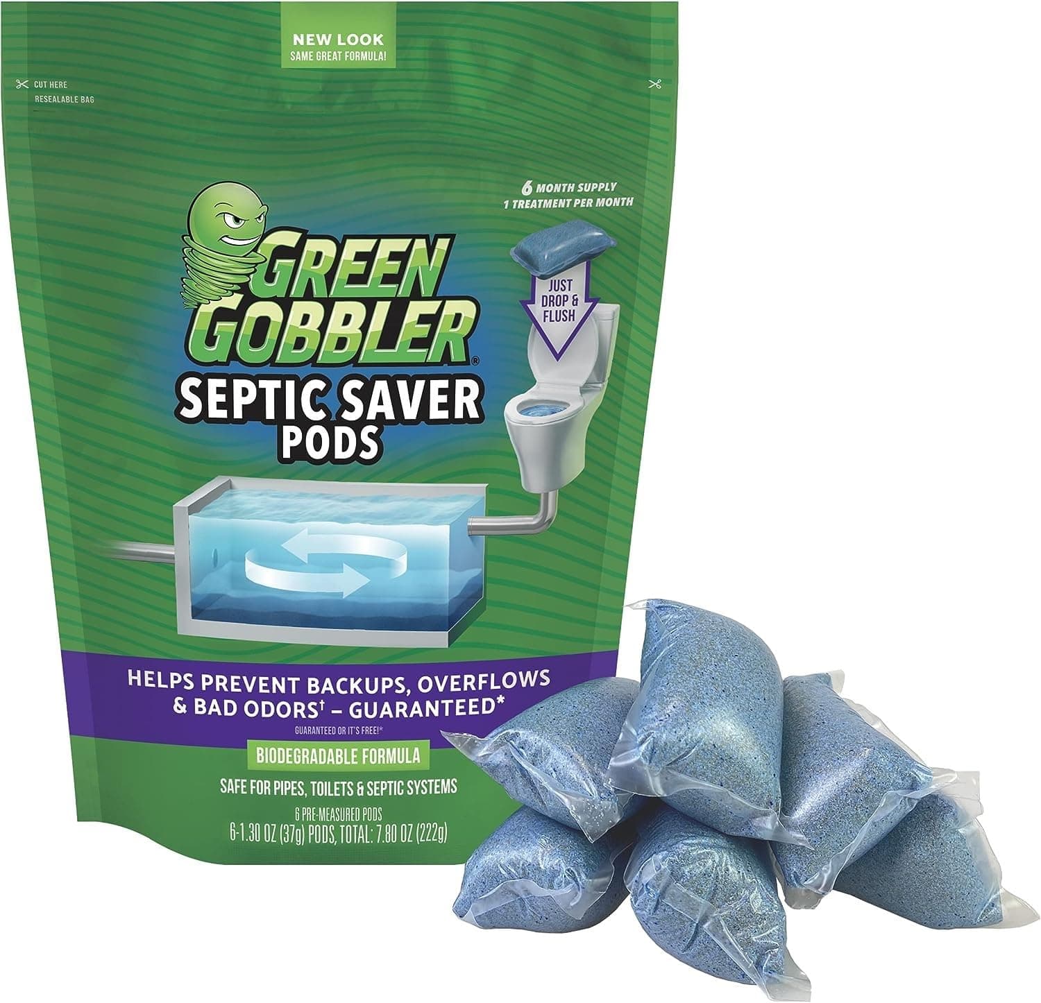 Septic Saver Pods - Sewage & Septic Tank Cleaner - Bacteria Enzyme Packs for Monthly Septic Tank Treatments - 6 Pods (222g)