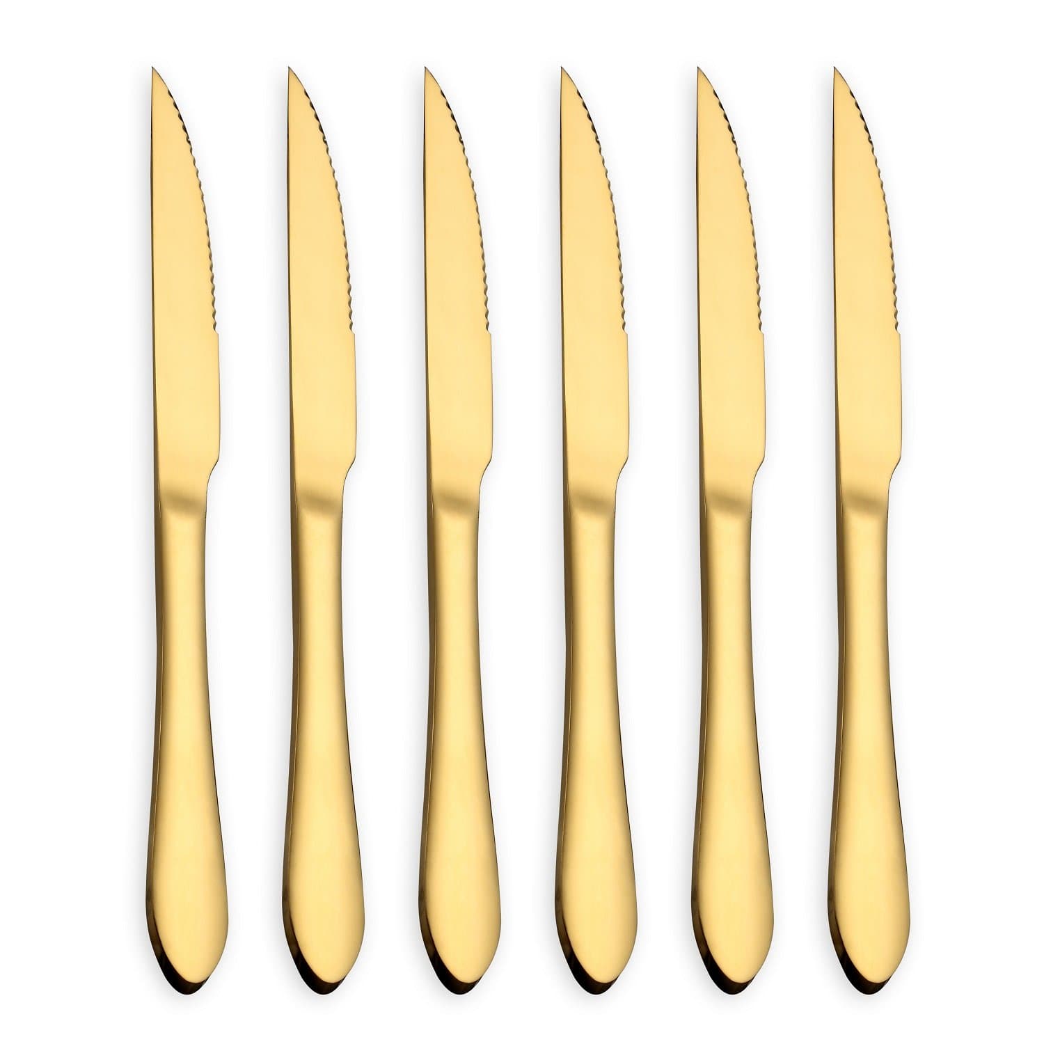 Gold Steak Knife Set, Stainless Steel and Durable comfortable grip handle, Mirror Polish and Gold Titanium Plated, for Pizza or Steak (Gold, Set of 6)
