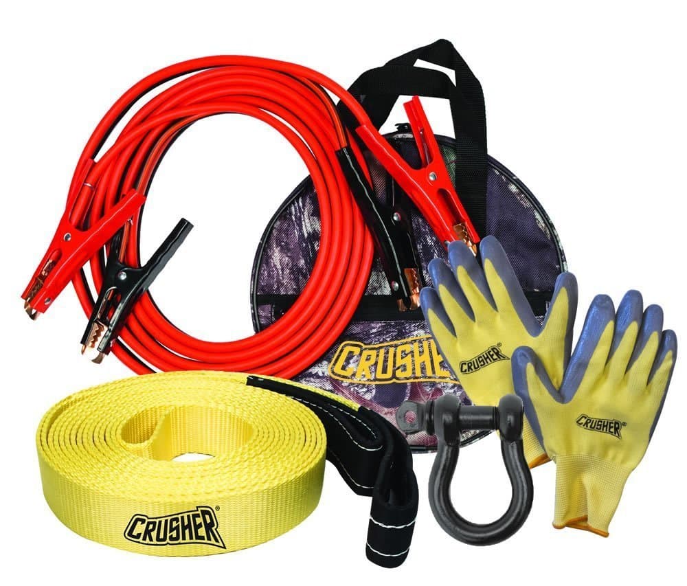 Crusher Emergency Recovery 16 Ft. Booster Jumper Cables 6 Ga, 30' Tow Rope Strap, D-ring, Gloves, Black Storage Bag