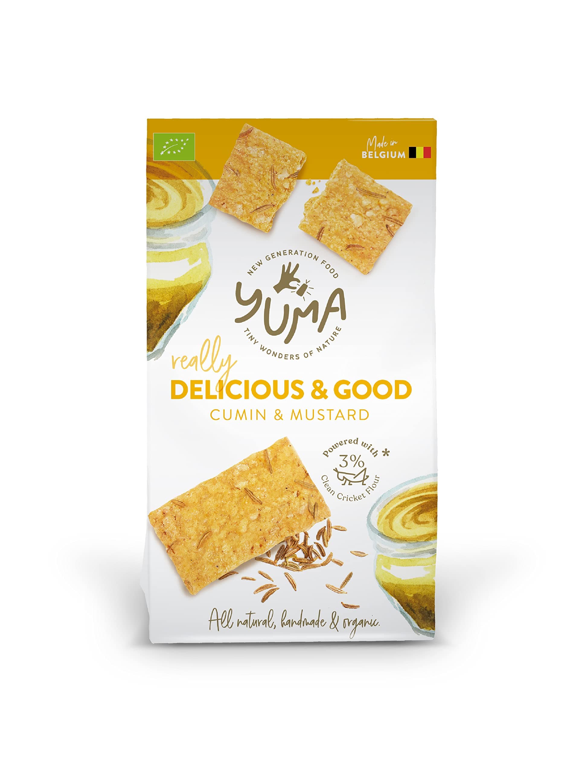 YUMA Crackers Cumin & Mustard-Hand Made Organic Crisp Crackers Powered by European Cricket Flour (3%). Sustainable Source of Protein & Superfood for Breakfast, Lunch or just Snacking, 1x90g, One Size