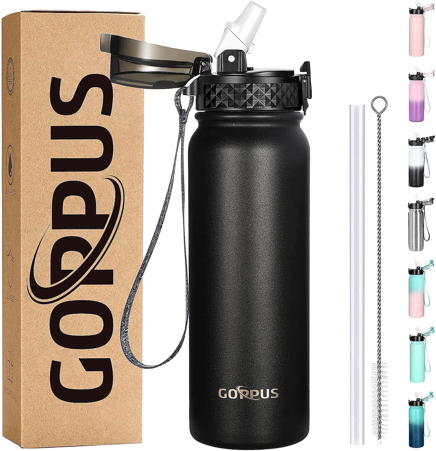 GOPPUS 20oz Insulated Stainless Steel Water Bottle with Straw Lid Reusable Leakproof Water Flask, Keeps Hot and Cold Sports Canteen Water Bottles for Kids Men Women Gym (Black 1 Lid)