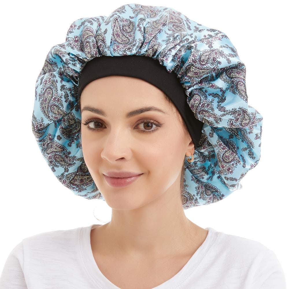 Large Satin Sleep Cap Silk Elastic Night Sleeping Hat Bonnet Nightcap Head Cover with Comfortable Wide Band for Women (FG-4)