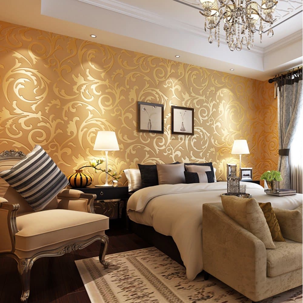 QIHANG Victorian Damask Embossed Textured Non-Woven Flocking Wallpaper Gold Color 0.53m10m=5.3㎡