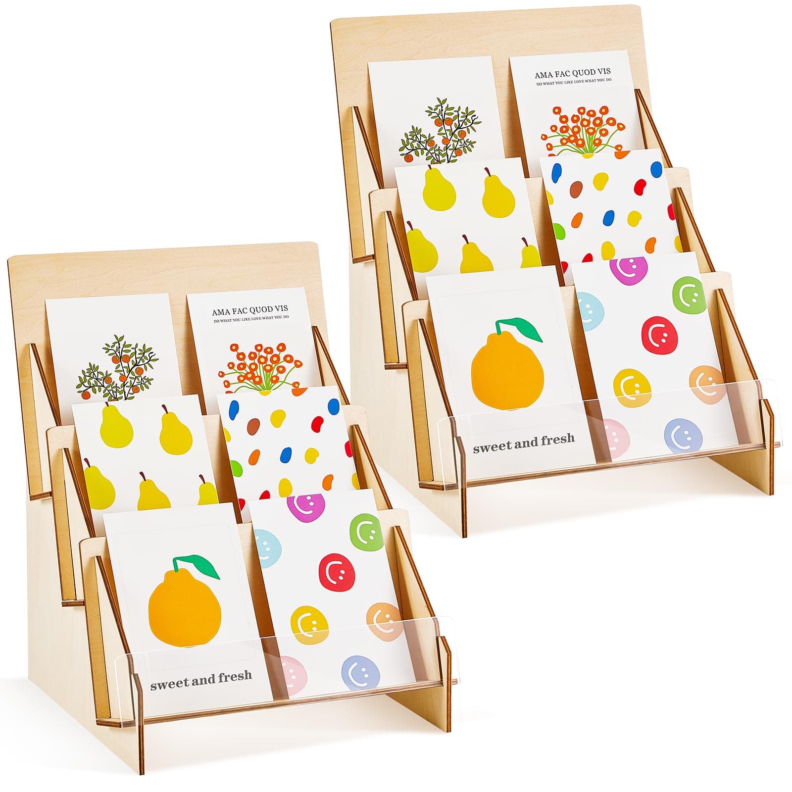Barydat 2 Pcs Greeting Card Display Stand, 3 Tiered Wooden Multipurpose Rack Holder for Retail Stores, Postcard Brochure Photos Sticker Retail, Portable Magazine Organizer Rack(9 x 9.6 x 13.2 Inch)