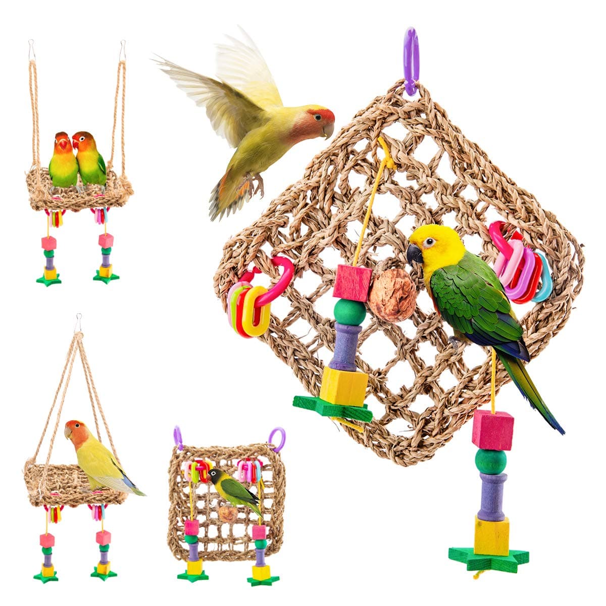 Wieppo Bird-Foraging-Toy-Perch Net - Woven Seagrass Mat Hammock Bird Toy, Hanging Hook Wall Bird Toys for Cockatoo,Cockatiels-Conure-Budgie-Parakeet-Lovebird-Parrotlets, Jenday