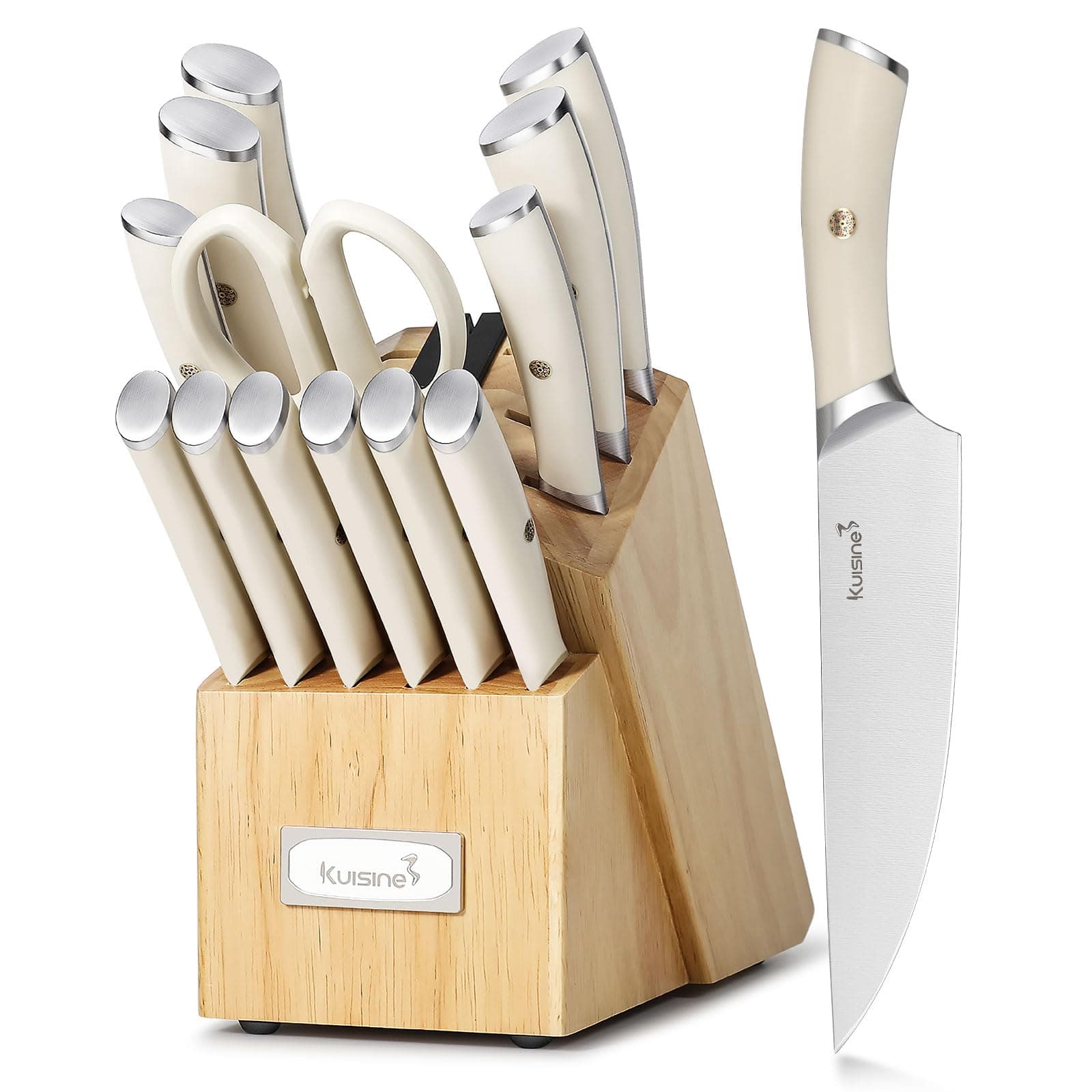 Kuisine Chef Knife Set,High Carbon Stainless Steel Block Knife Set,Knife Block Set with Built-in Sharpener,Sharp Knife Set Forged,Elegant Gift(Ivory,15pcs)