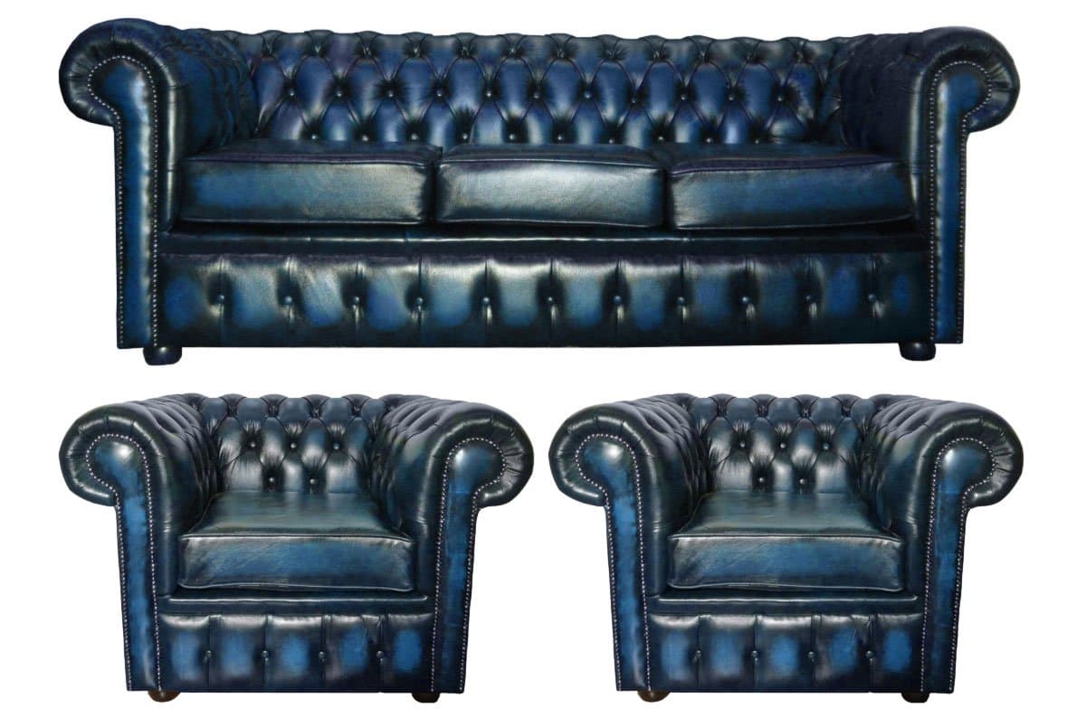 CK Chesterfield Genuine Leather 3 Seater Sofa and Club Chairs Set (Antique Blue)