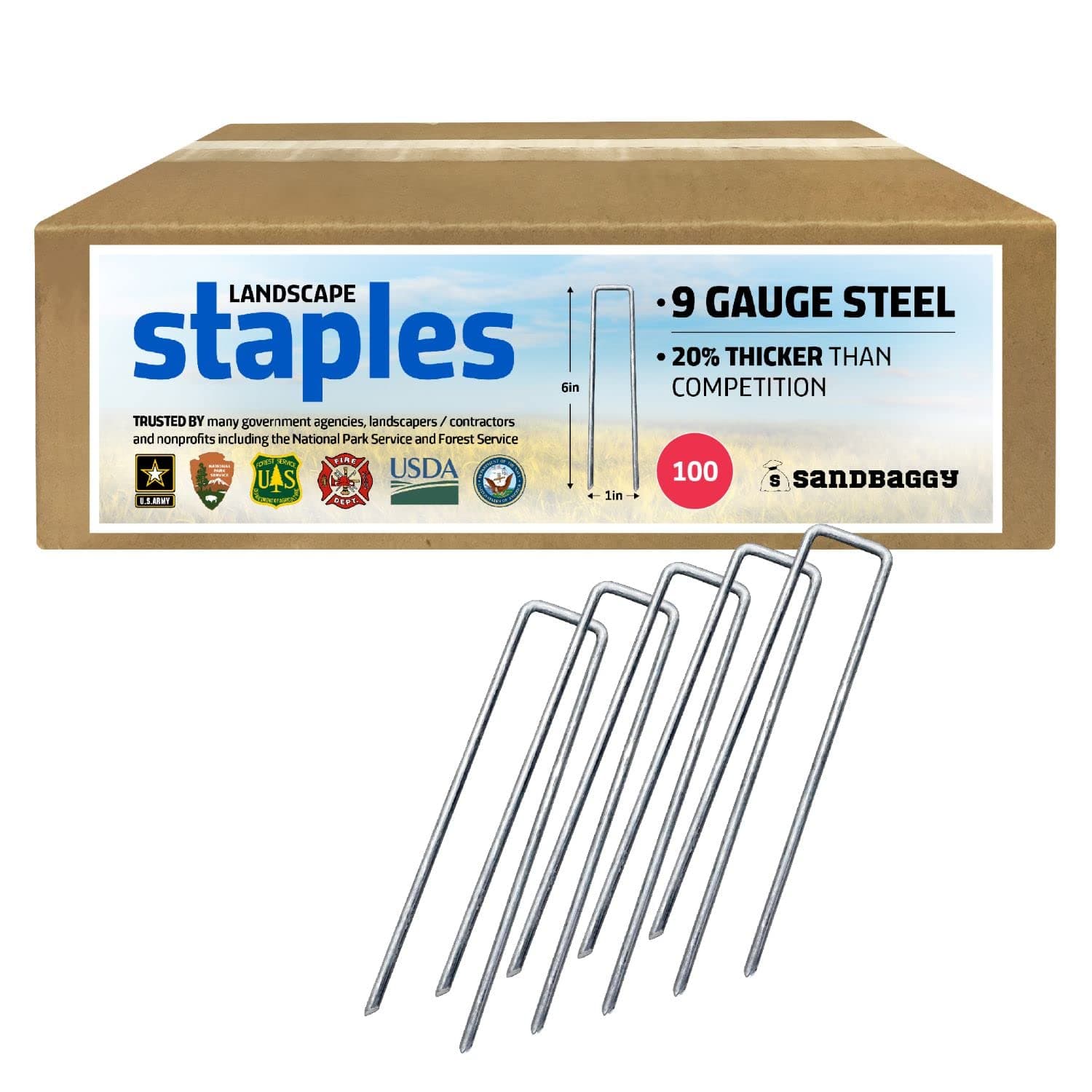 Sandbaggy 6 inch Landscape Sod Staples (9 Gauge Steel) ~ Great for Hard Soil - 20% Thicker Than Competition - Trusted by Farmers & Contractors Across USA (100 Staples)