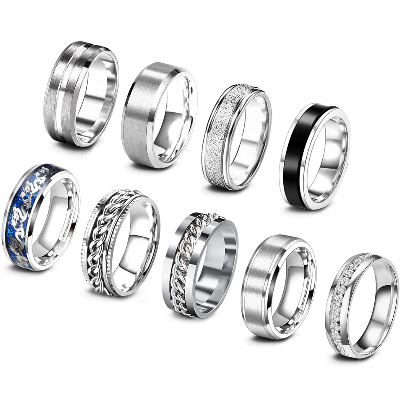 9Pcs Stainless Steel Band Rings for Men Women Cool Fidget Spinning Chain Ring Anxiety Relief Fashion Simple Wedding Engagement Black Ring Set