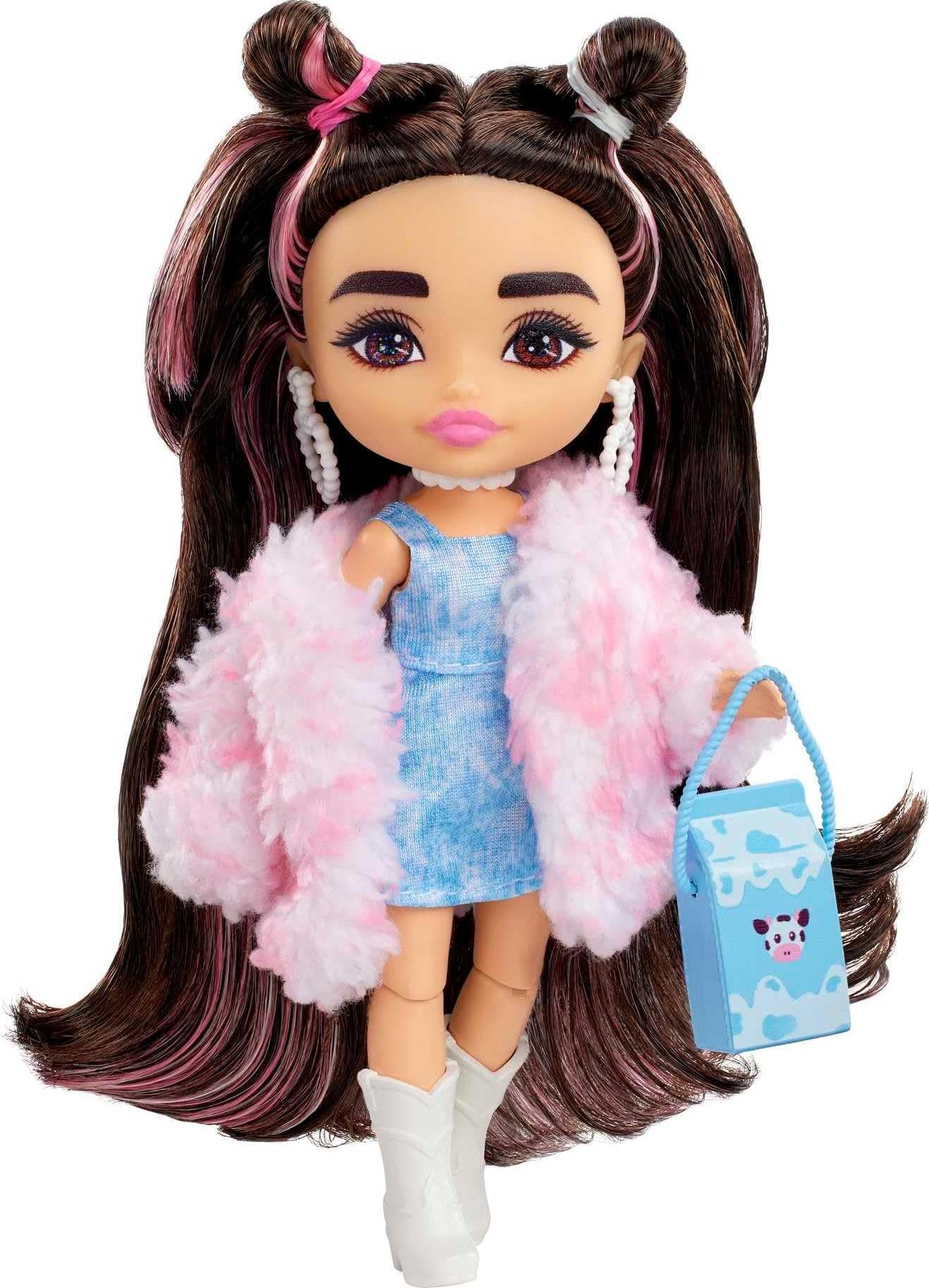 Extra Minis Doll & Accessories with Brunette Hair & Brown Eyes, Wearing a Pink Faux Fur Coat & Purse, 5.5-inch