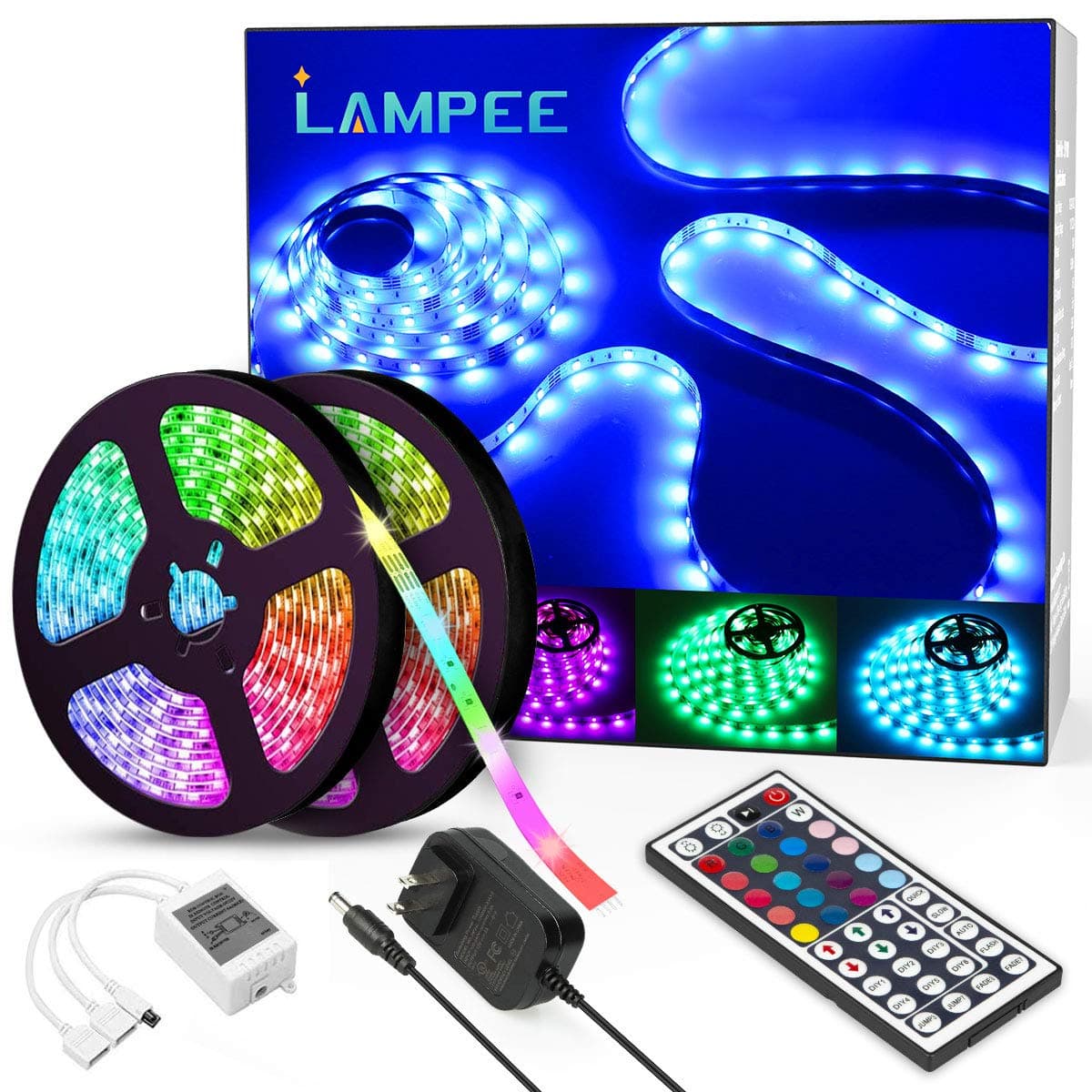 Lampee LED Strip Lights, 32.8ft 12V Flexible RGB Color Changing Tape Lights, 5050 SMD Rope Light Kit with Remote Control and 300 LEDs for Home, Kitchen, Bedroom, DIY Decoration