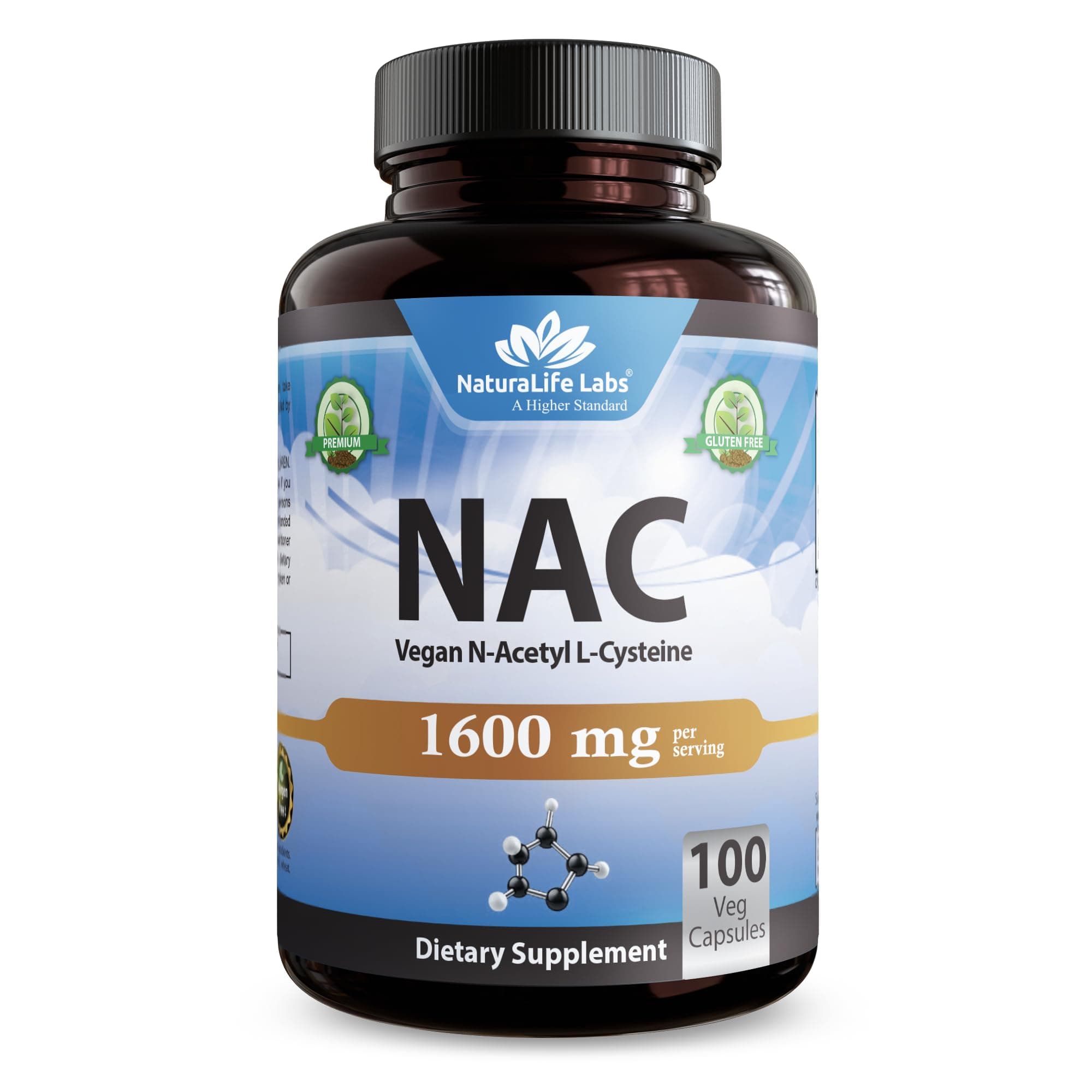 NaturaLife Labs N-Acetyl-L-Cysteine (NAC) 1600 mg – 100 Capsules, Non-GMO & Gluten-Free