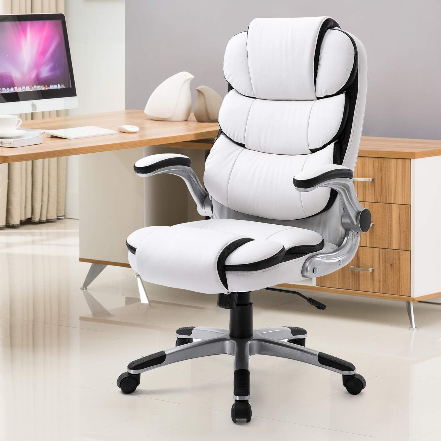 YAMASORO High-Back Executive Office Chair Leather, Adjustable Ergonomic Swivel Computer Desk Chair with Flip-up Armrest,Back Support for Working, Studying (White)