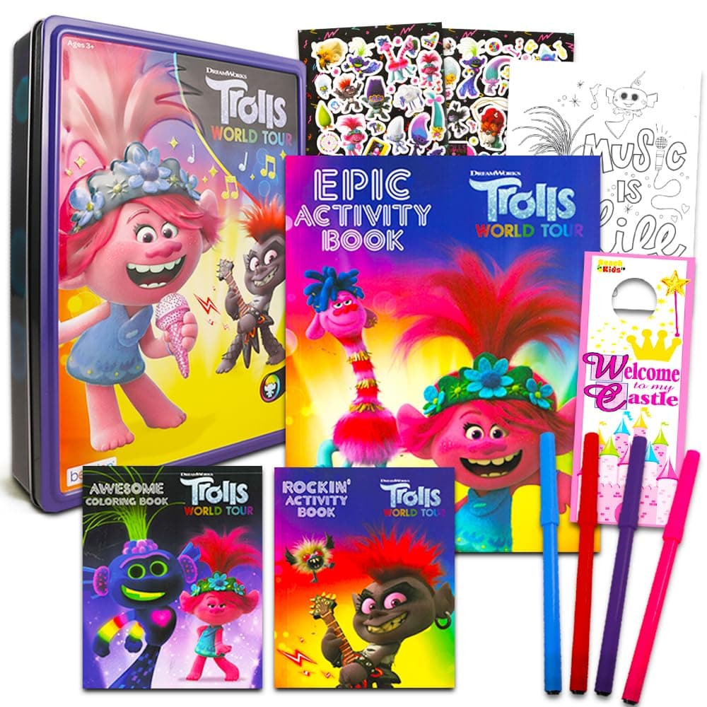 DreamWorks Trolls World Tour Tin Activity Book Set - 3 Trolls Coloring Books, Trolls Stickers, Markers, Poster, and Licensed Door Hanger