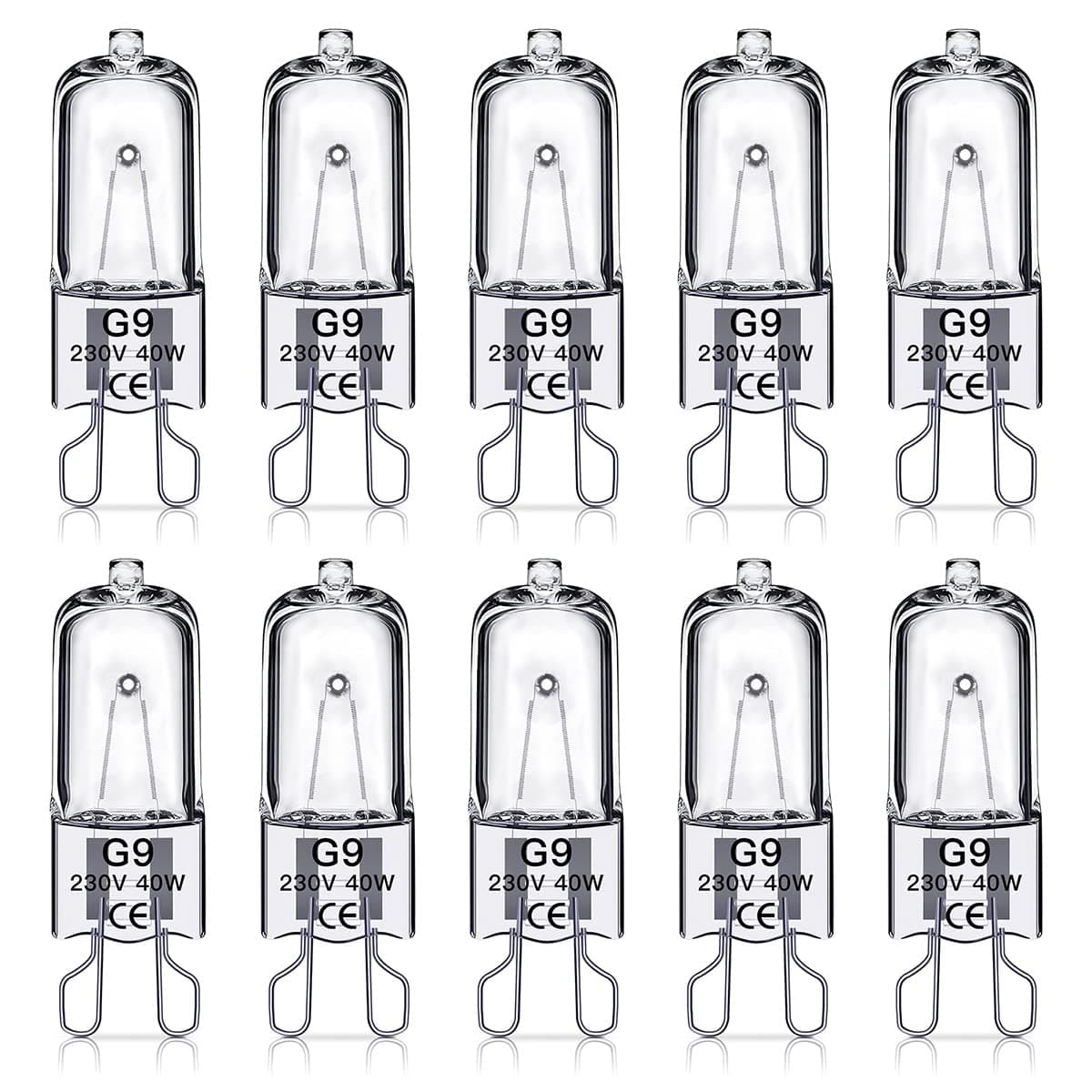 G9 Halogen Light Bulbs 40W, No Flickering, Dimmable, 600lm, 2800K, G9 Capsule Bulb, Warm White, 10 Pack