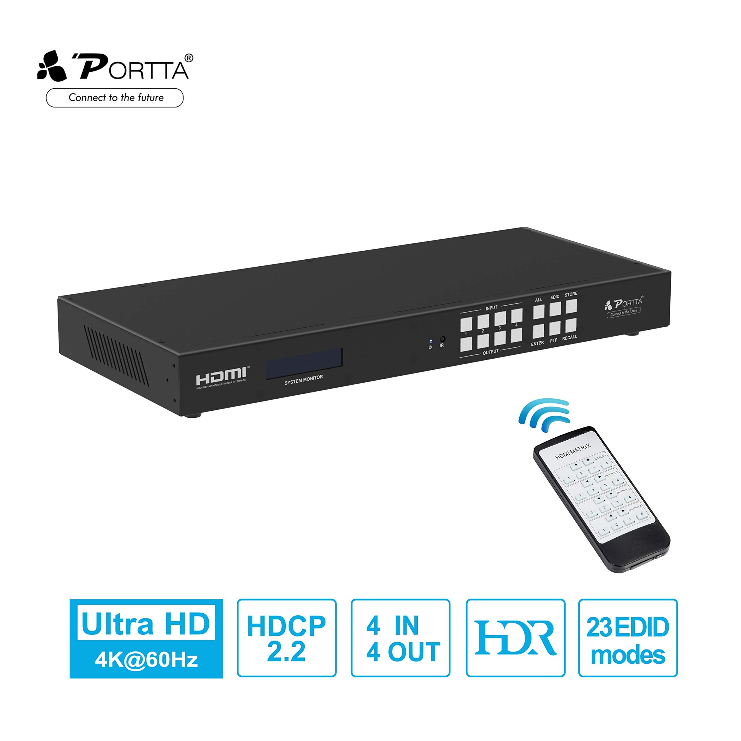 Portta HDMI Matrix 4x4 HDMI 2.0 HDR 4K 60HZ Matrix Switch Splitter YUV 444 COAX Audio Extractor with LCD Screen Support Full 3D HDCP2.2/1.4 EDID RS232 IR GUI and TCP/IP control Firmware Upgradable