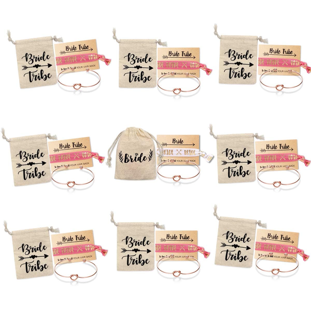 Bridemaid Love Knot Bracelets set 9 7 6 Set Bride Tribe Hair Tie and Bracelets Bridal Shower Cuff for Girls Women