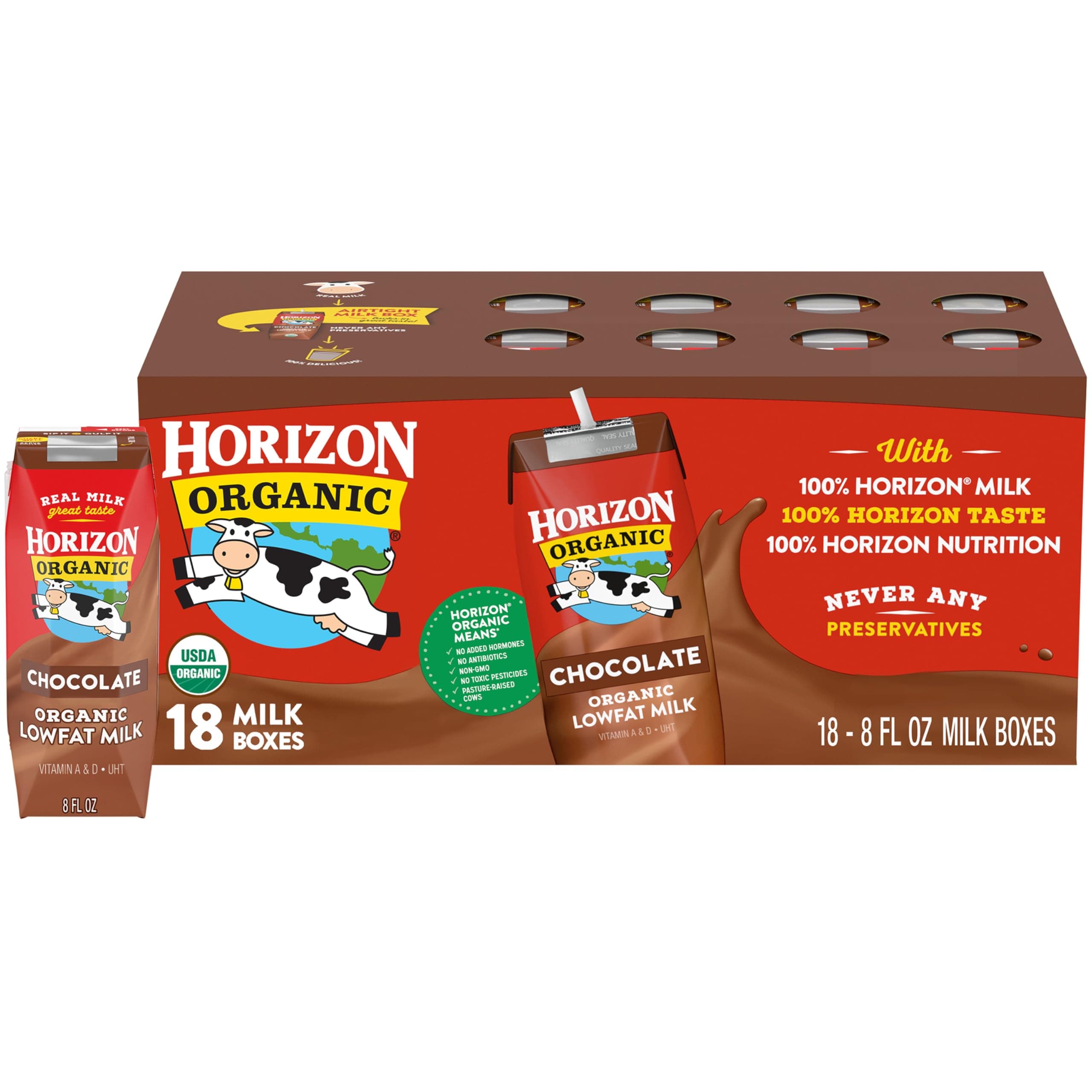 Horizon Organic Shelf Stable 1% Lowfat Chocolate Milk Boxes, 8 fl oz, 18 Count - 8g Protein per Serving, USDA Organic UHT from Pasture-Raised Cows, Ready to Drink for Lunchbox, Travel, or On-the-Go