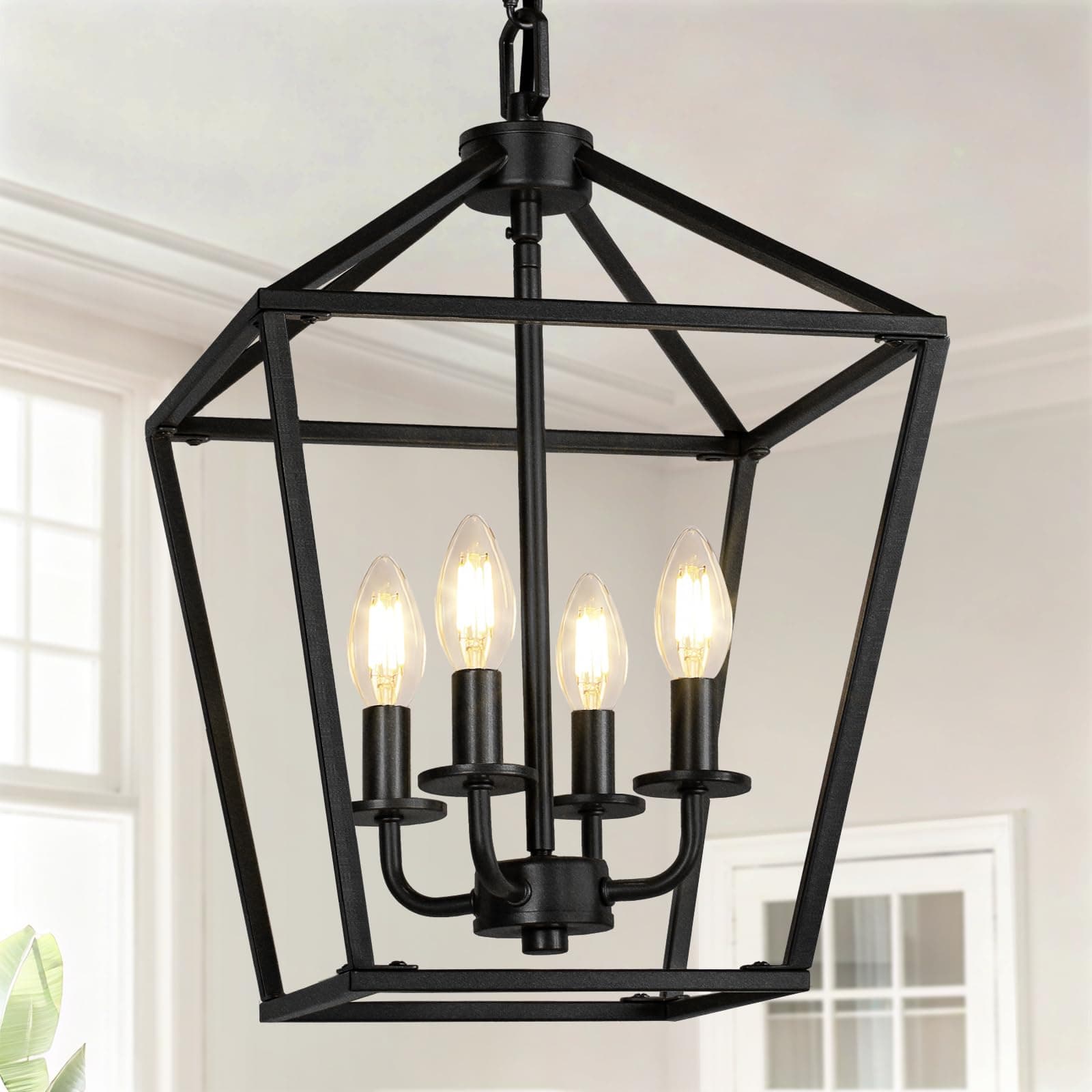 4 Light Chandelier, Industrial Ceiling Light Black Lantern Light Fixtures with Farmhouse Metal Cage Adjustable Height Rustic Geometric Hanging Light E12 Base for Kitchen Island, Entryway, Indoor