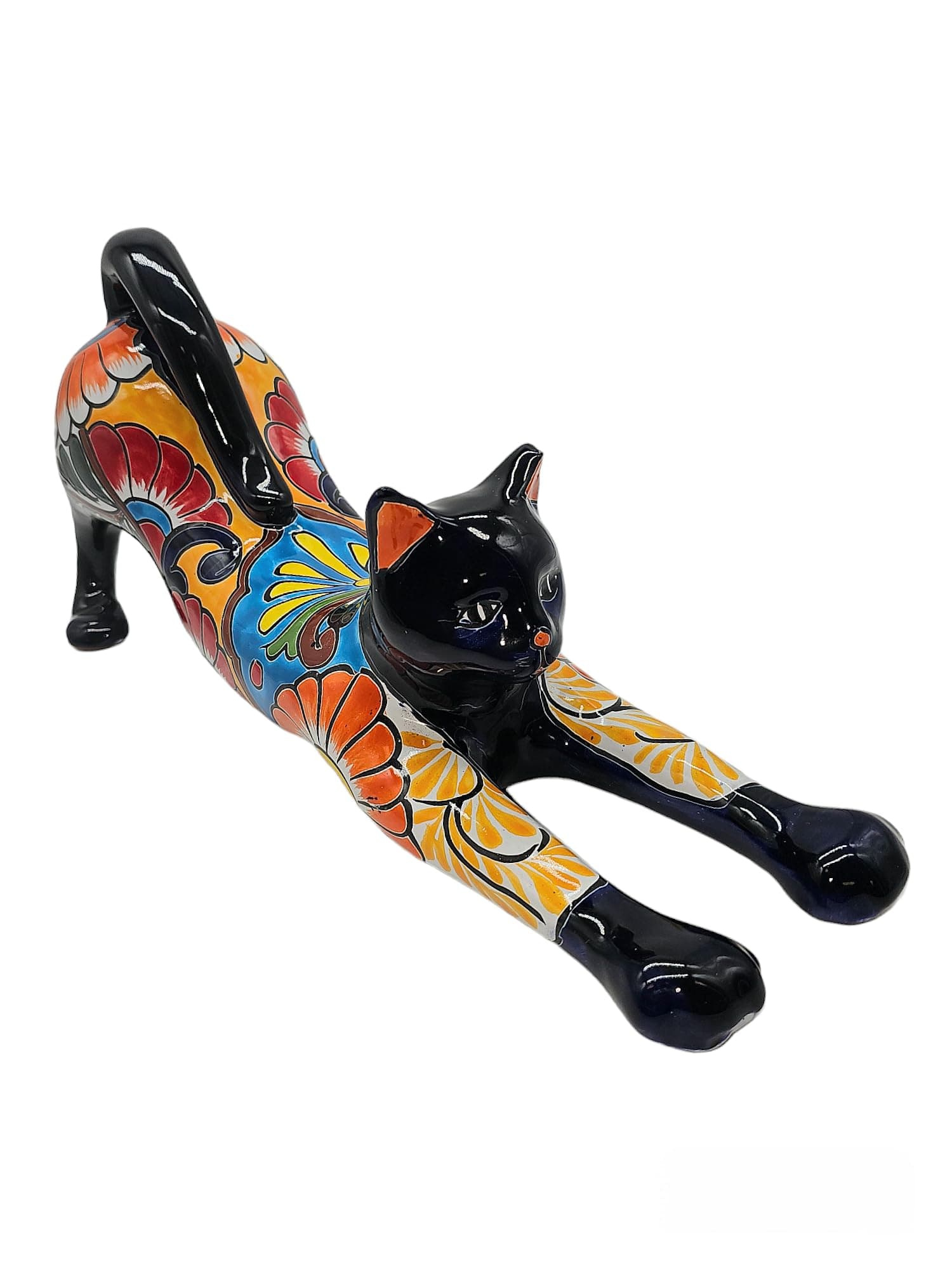 Talavera Pottery Store Flo The Cat Hand Painted Kitty Stretching Indoor Outdoor Multi Colored Glazed (Talavera)
