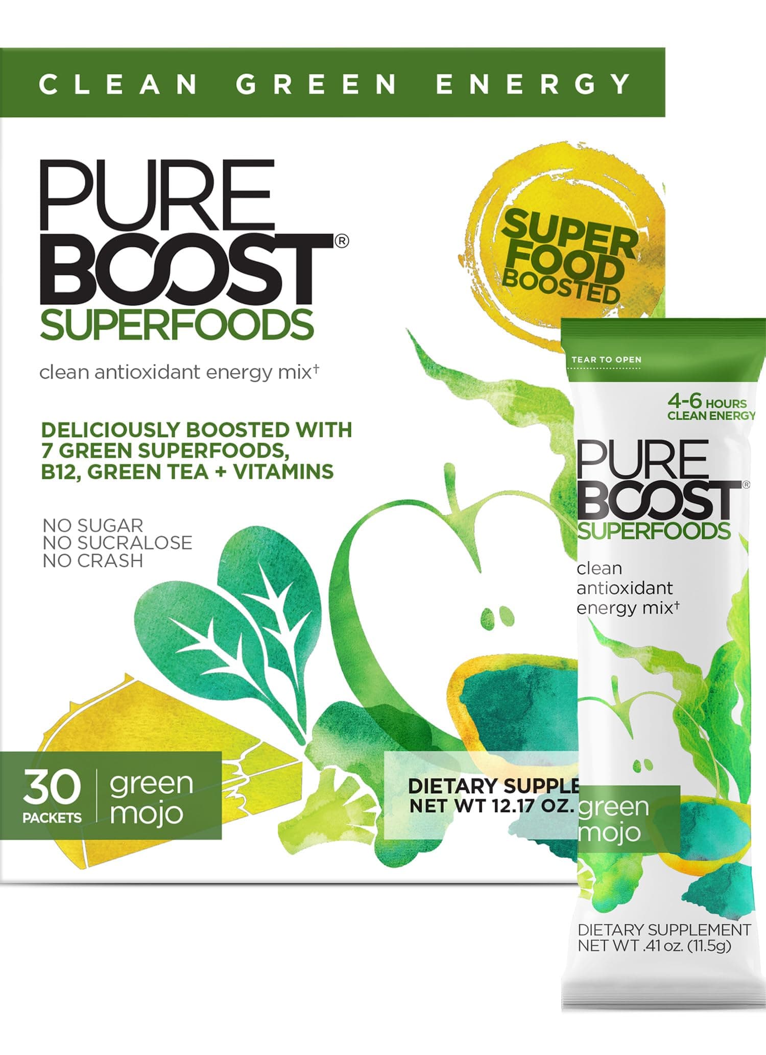 Pureboost Superfoods Clean Energy Booster, Energy Drink Mix Powder with 7 Organic Green Superfoods; Spirulina, Kale, Broccoli and Vitamins, Green Apple, Pineapple, Mango (Green Mojo, 30 Count)