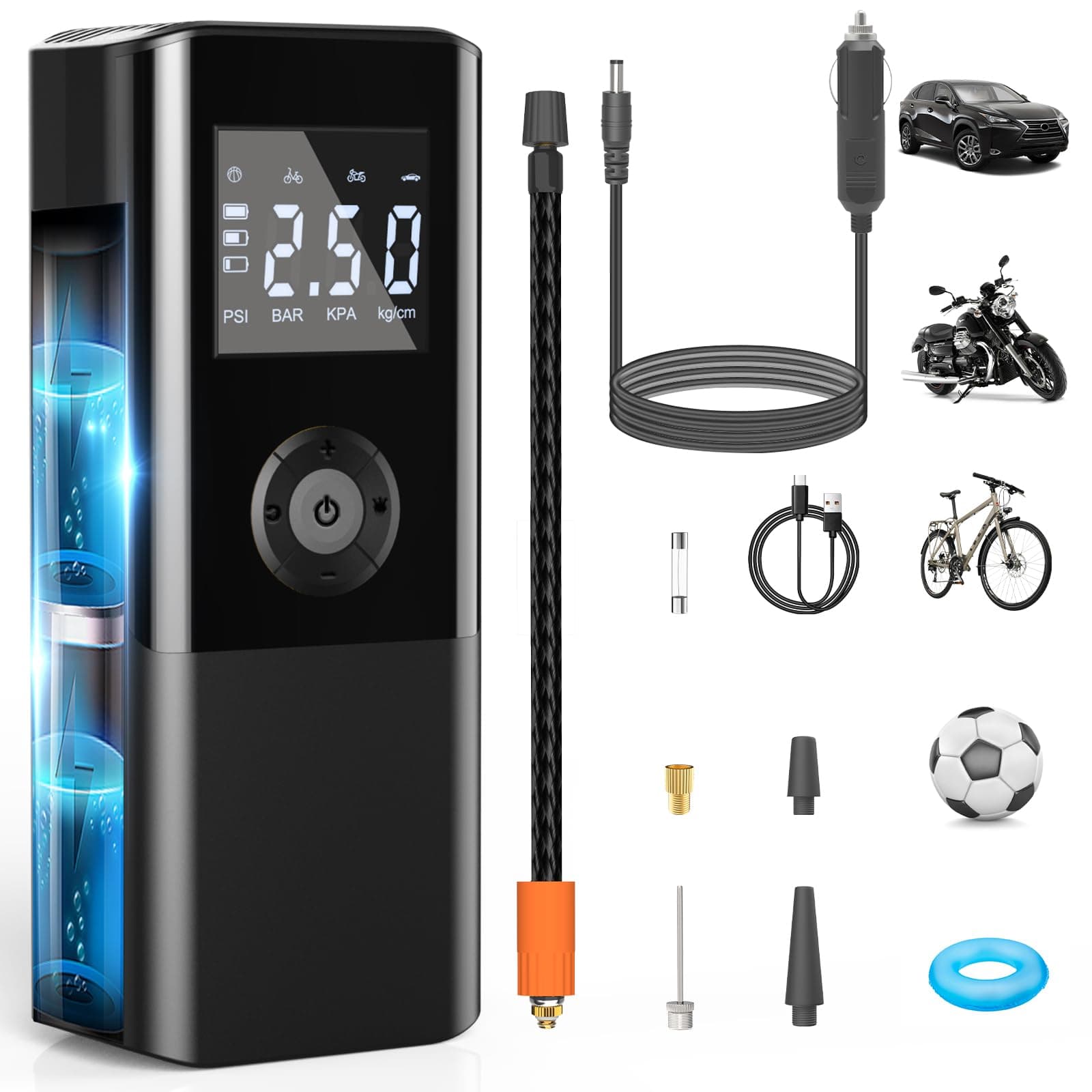 Mini Portable Air Compressor 150 PSI Rechargeable Electric Air Pump DC12V Tire Inflator with Digital Display LED Light USB Charging for Car Motorcycle Ball Outdoor