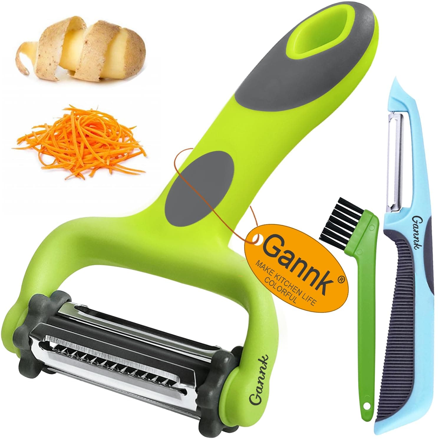Gannk Potato Apple Vegetable Peelers for Kitchen, I and Y Peelers for Fruit Veggie Potatoes Carrot Cucumber, 3 in 1 Blade Spin Design With Julienne Function