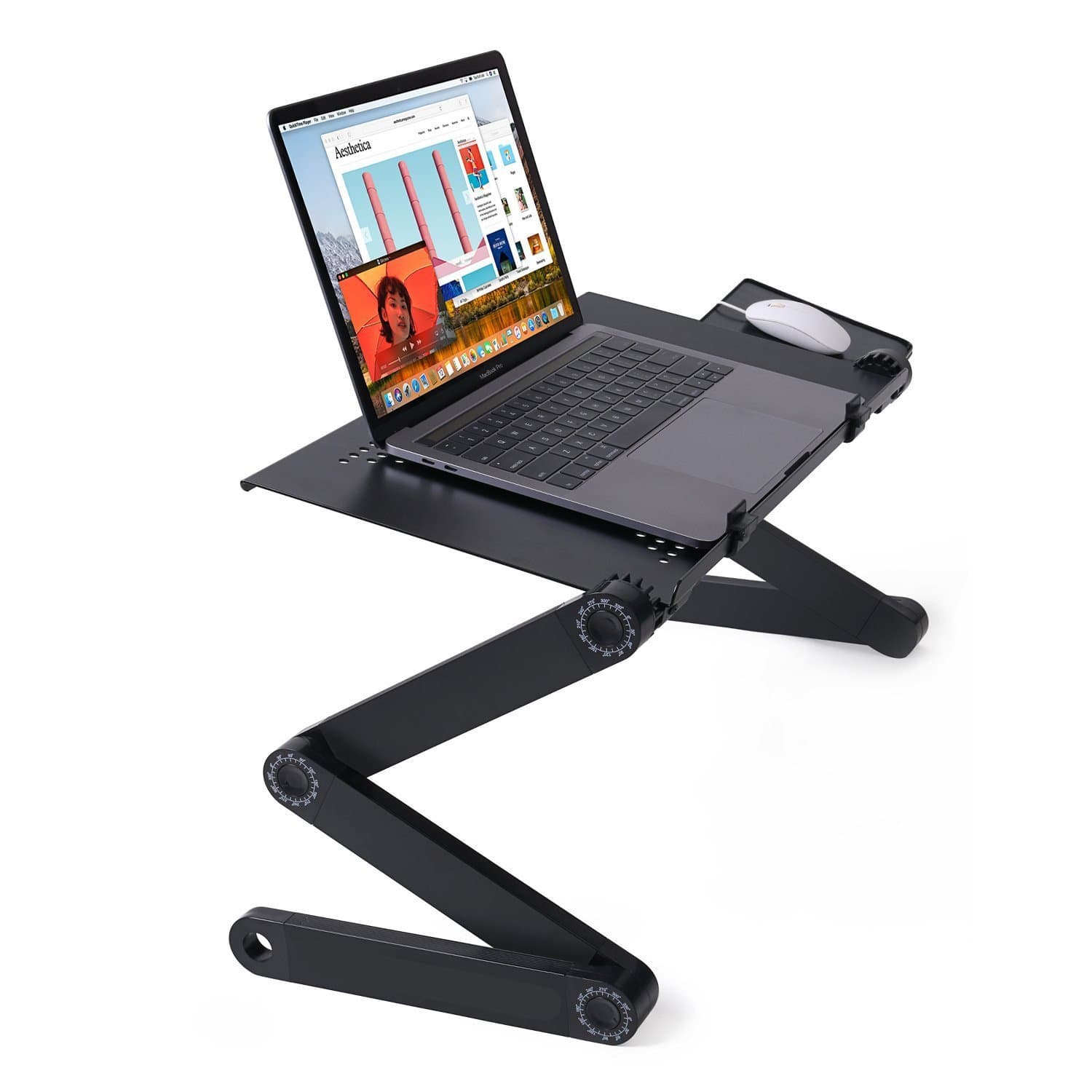 Adjustable Folding Laptop Stand with Mouse pad - Notebook Table Computer Desk Portable - Recliner Bed Lap Tray Ultrabook-Macbook Light Weight Multifunctional Design Dual Layer up to 18" Black
