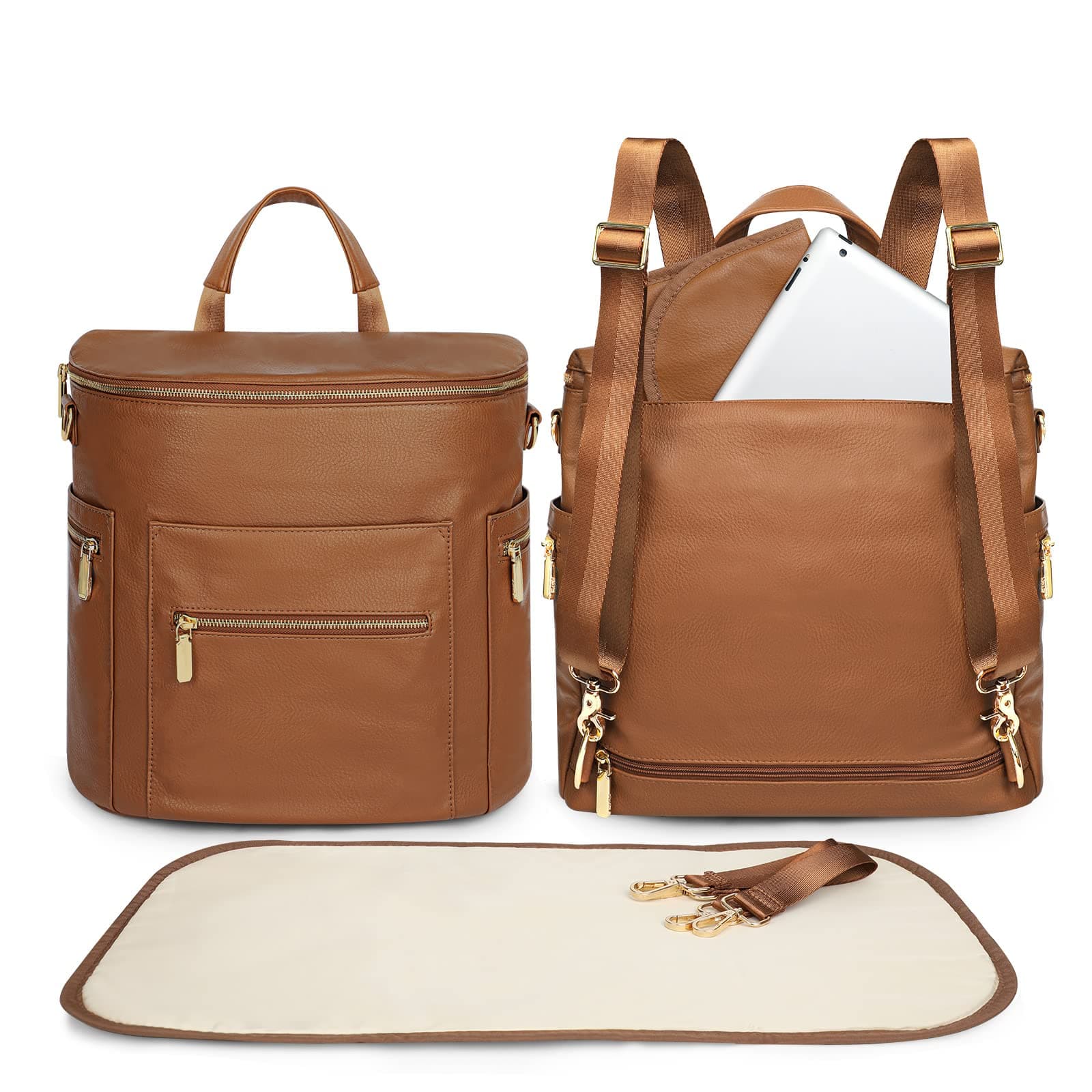 Diaper Bag Backpack Baby Diaper Bag, Large Leather Diaper Bag Backpack with Changing Pad,Pañaleras Para Bebe for Moms, Stroller Straps, and 2 Insulated Pockets(Convertible, Brown)