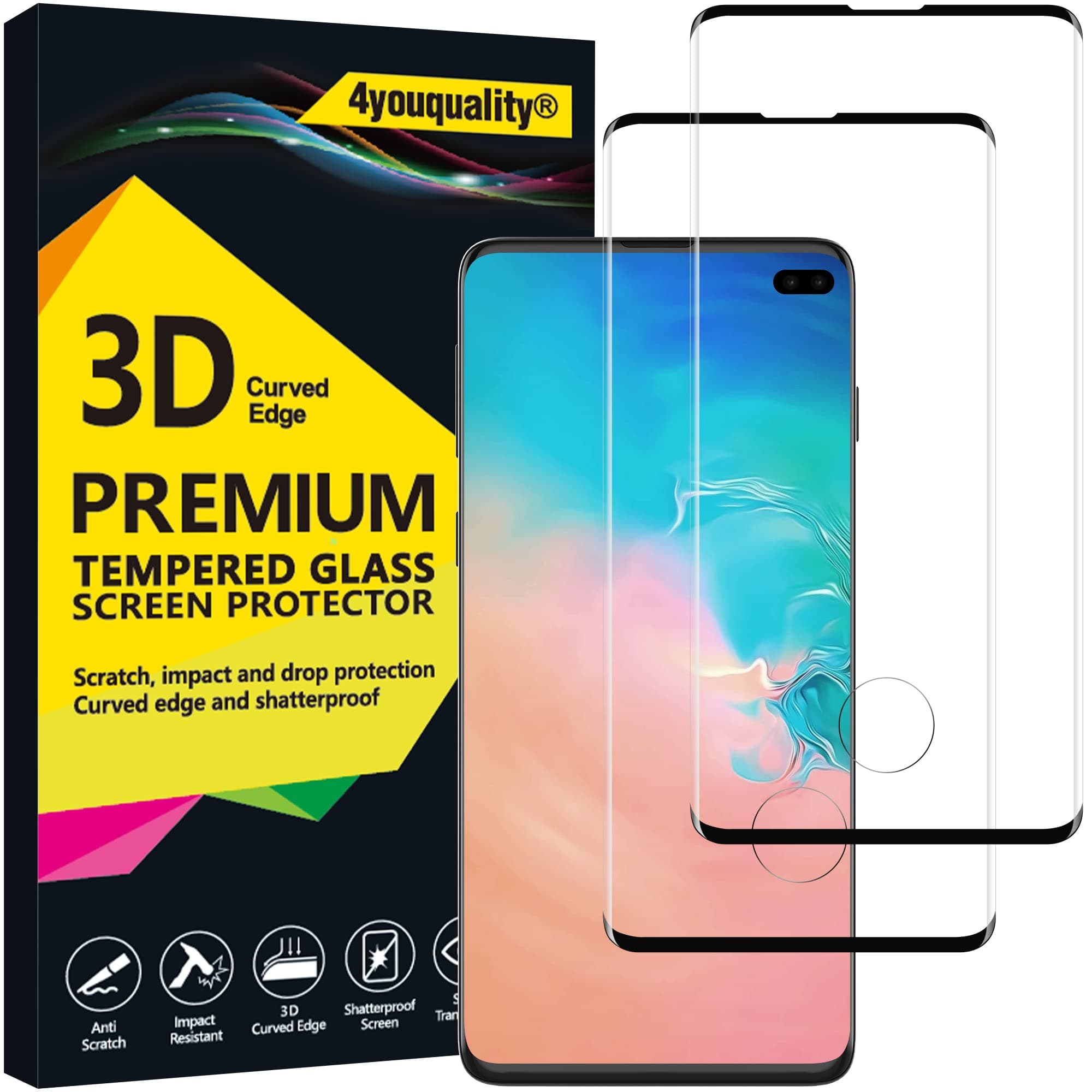 4youquality Tempered Glass Screen Protector for Samsung Galaxy S10 Plus S10+, 2-Pack, [LifetimeSupport][Impact-Resistant][Anti-Shatter][Anti-Scratch]