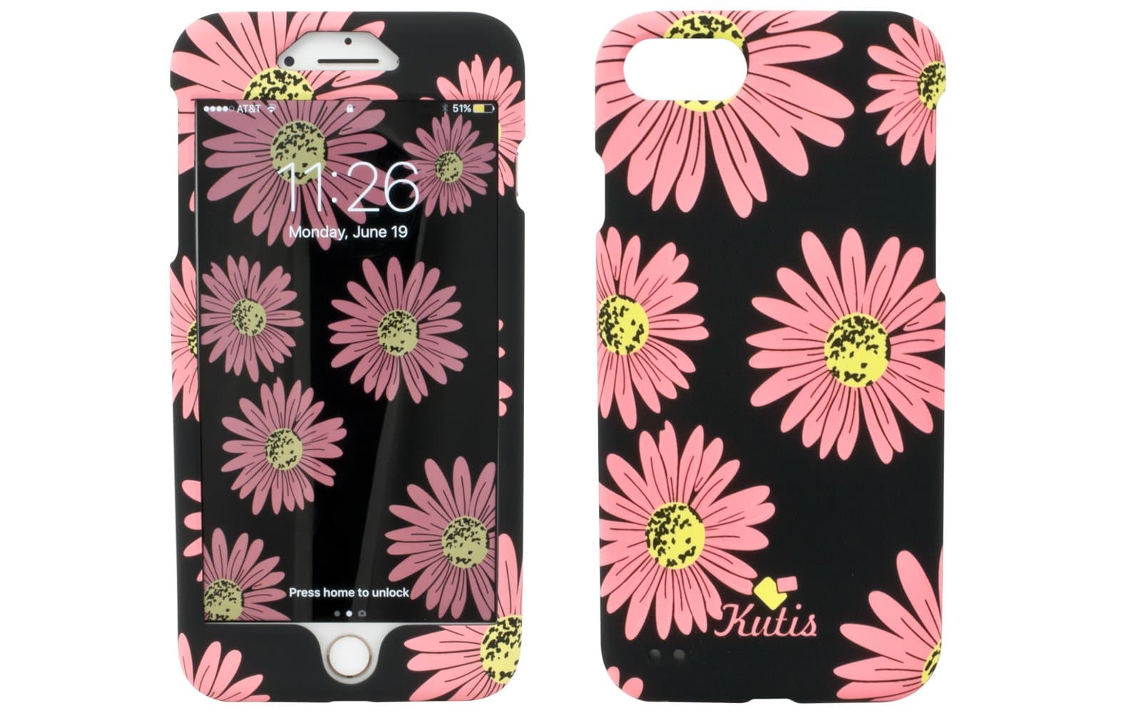 360° Slim Matte Protector Case Cover W/ Matching Wall Paper for Apple iPhone 8, iPhone 7 (Black With Flowers)