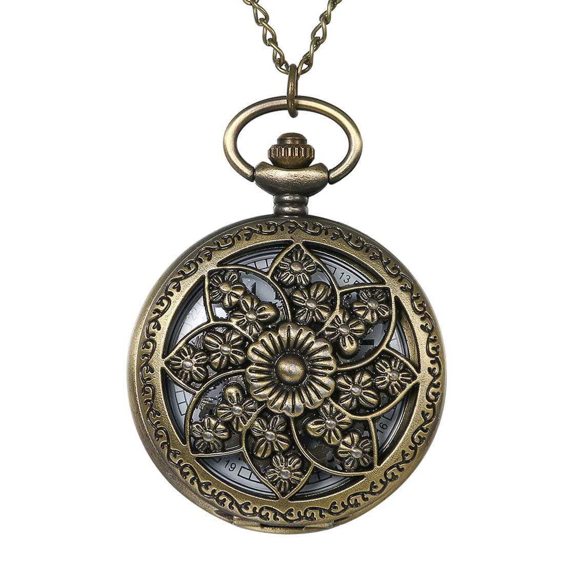 Avaner Antique Bronze Retro Hollow Rose Flowers Openwork Quartz Pocket Watch for Women